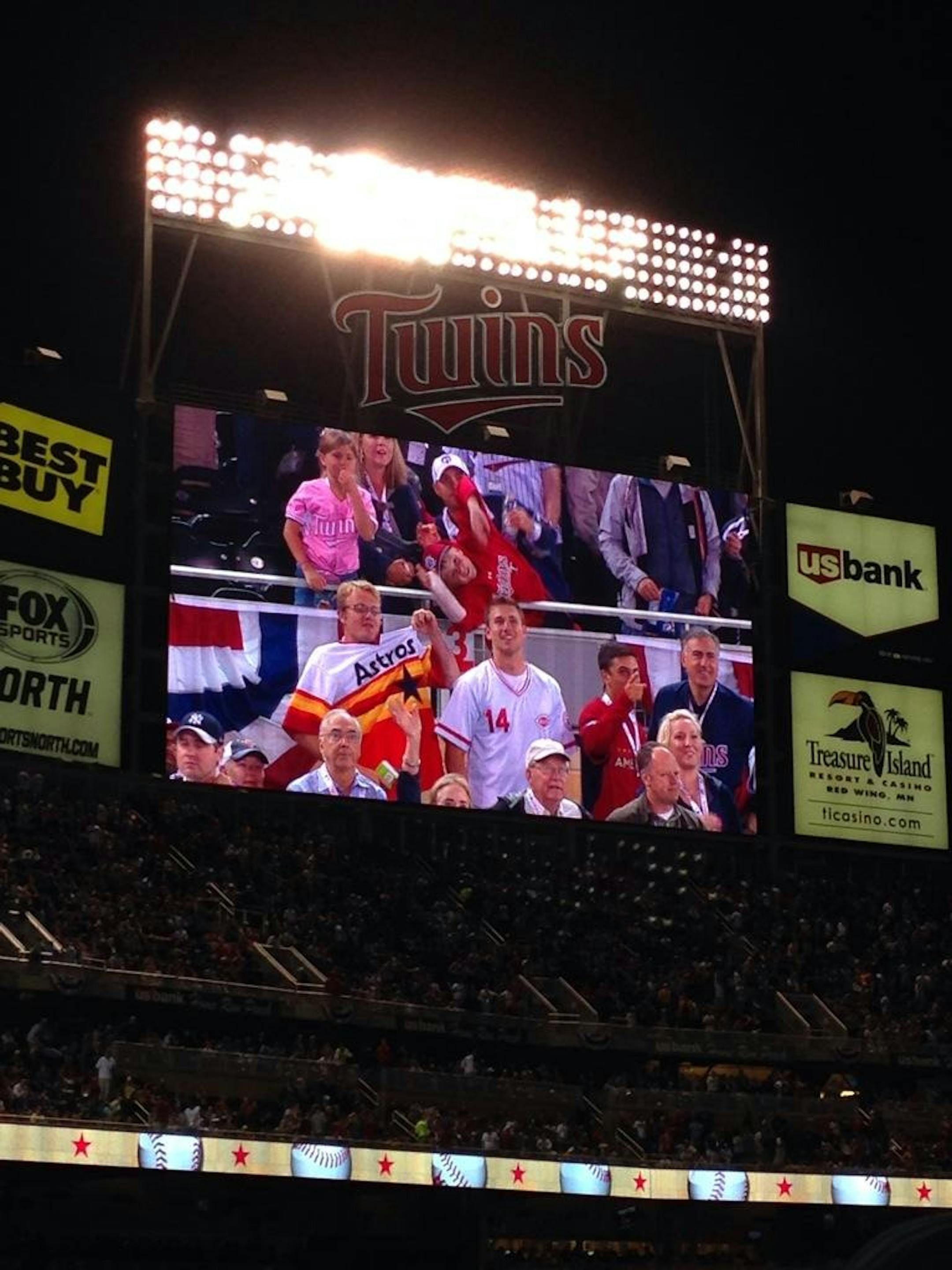 Jordan Jacobson, left, and Adam Alexander did get some face time on the jumbo screen during Monday's Home Run Derby.