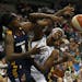 Lynx center Sylvia Fowles got fouled by Indiana's Lynetta Kizer during the first half in Game 1 of the WNBA Finals on Sunday.