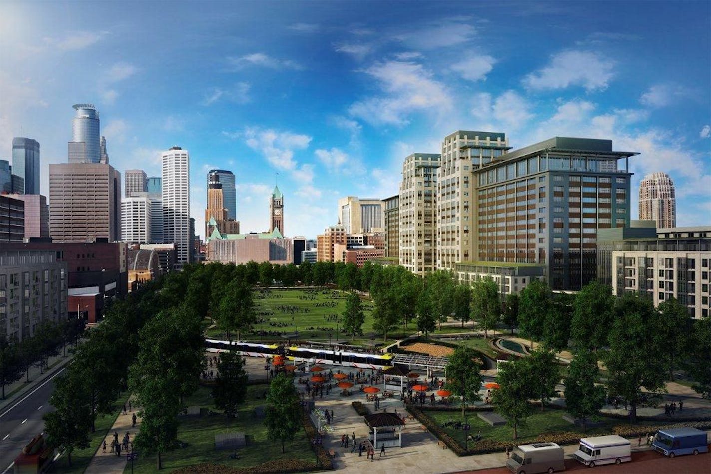 Ryan Companies proposal for a $400 million redevelopment of five blocks now dominated by surface parking lots between the downtown central business district and the new Vikings stadium.