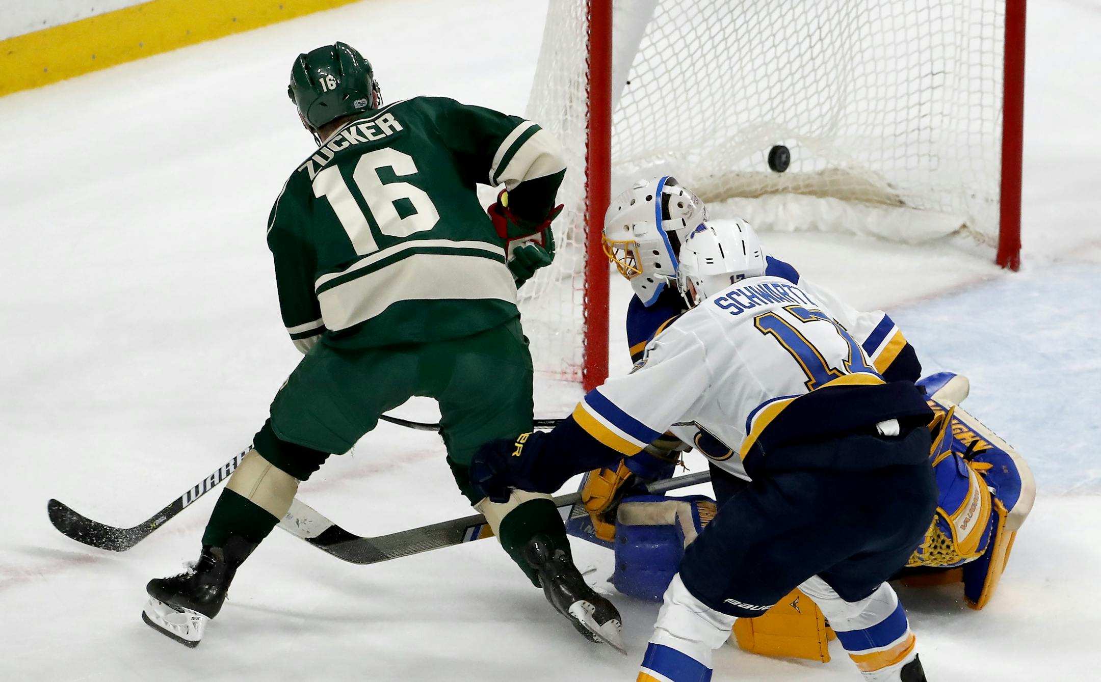 Jason Zucker (16) shot the puck past Blues goalie Jake Allen (34) for a goal in the third period. The goal tied up the score to take the game into overtime.