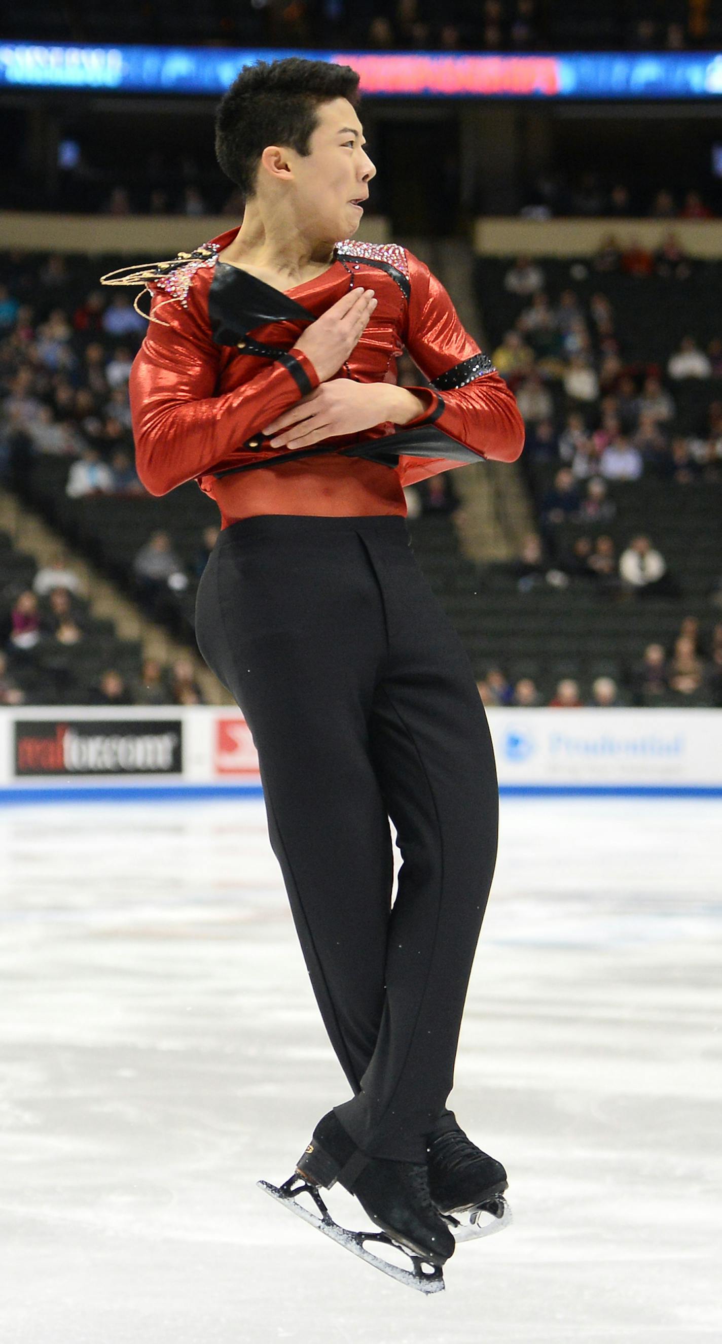 Nathan Chen executed a jump during his performance in the Championship Men's Short Program of the 2016 Prudential U.S. Figure Skating Championships Friday night. He leads with an unofficial score of 86.33 after the first group. ] (AARON LAVINSKY/STAR TRIBUNE) aaron.lavinsky@startribune.com The Championship Men's Short Program of the 2016 Prudential U.S. Figure Skating Championships was held at Xcel Energy Center on Friday, Jan. 22, 2016 in St. Paul, Minn.