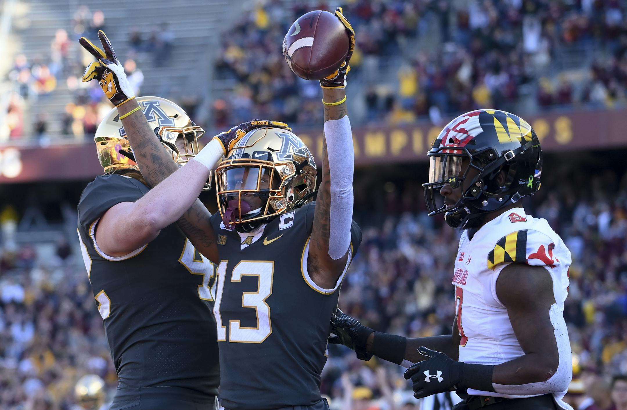 Gophers receiver Rashod Bateman celebrated his first quarter touchdown against Maryland.