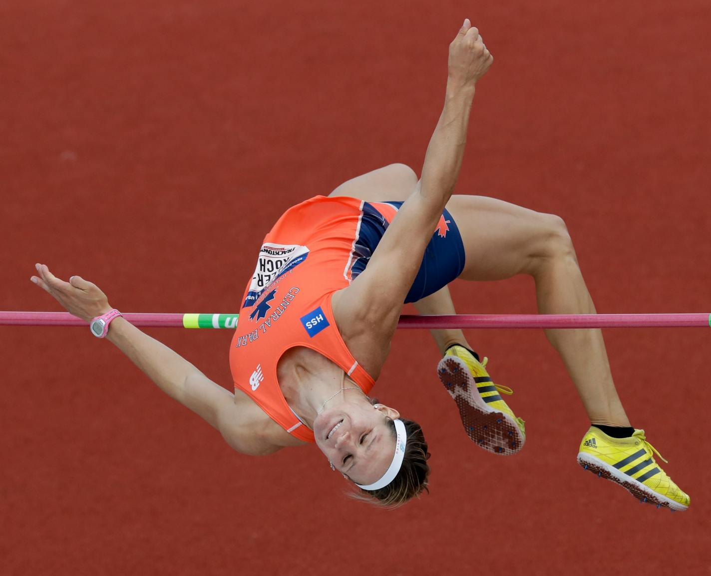 Heather Miller-Koch clears the bar during the heptathlon high jump at the U.S. Olympic Track and Field Trials, Saturday, July 9, 2016, in Eugene Ore. (AP Photo/Marcio Jose Sanchez)