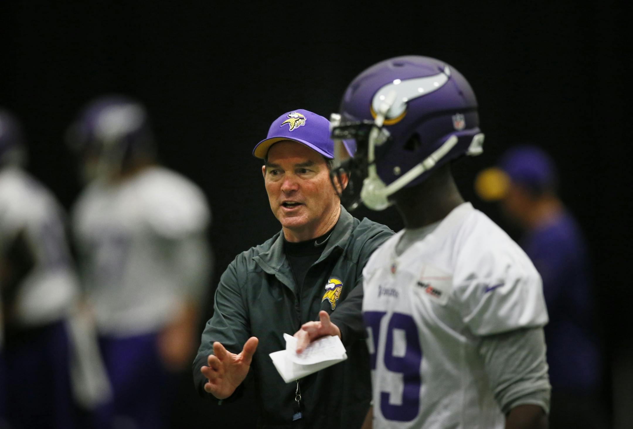 Vikings coach Mike Zimmer, getting to know his players at mini camp on Wednesday.