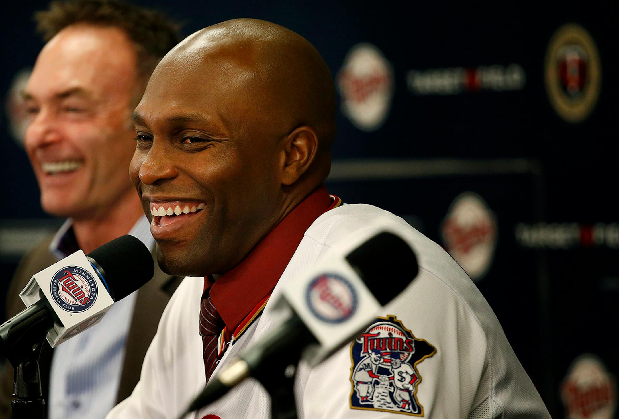 Minnesota Twins manager Paul Molitor and Torii Hunter during a press conference at Target Field in December, announcing Hunter's return to the Twins for the 2015 season.
