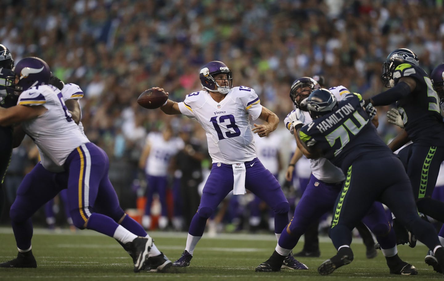 Backup quarterback Shaun Hill started for the Vikings at Seattle on Aug. 18 in their second NFL preseason game. He is in his second stint with the Vikings.