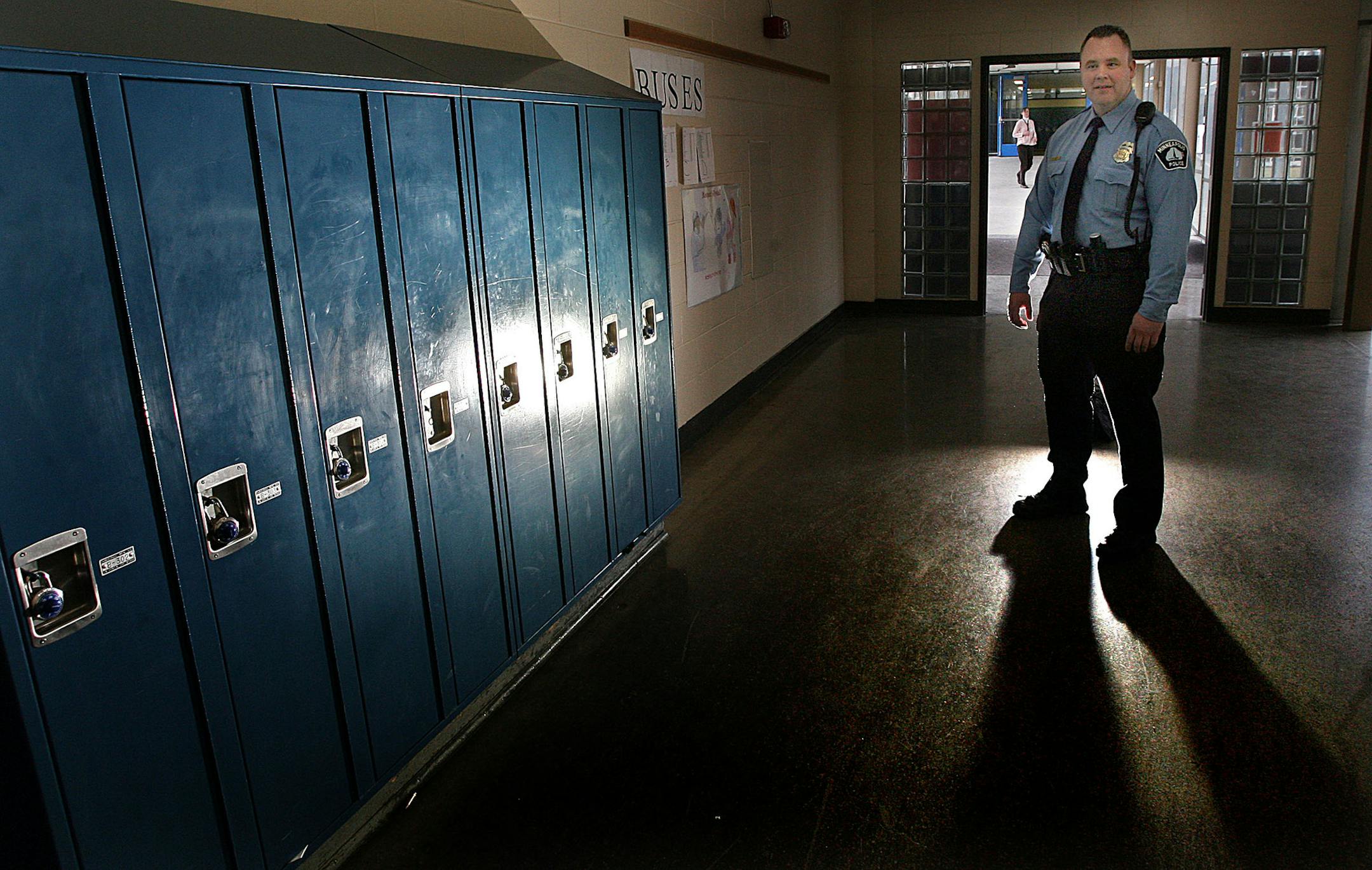 JIM GEHRZ ï jgehrz@startribune.com Minneapolis/March 25, 2009/2:20PM Minneapolis police officer William Kubes is the resource officer at Northeast Middle School and for two other area schools as well. Through the efforts of Kubes and other officers, there has been a dramatic reduction in the number of assault cases in Minneapolis schools during the first half of the year according to data from the Hennepin County Attorneyís Office.