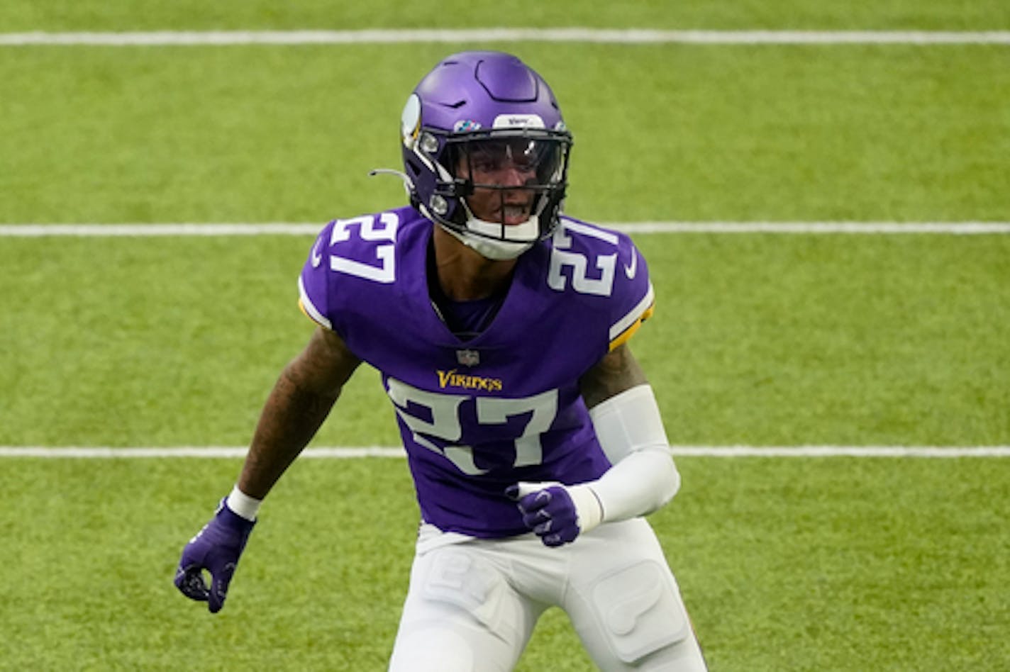 Minnesota Vikings cornerback Cameron Dantzler (27) plays against the Atlanta Falcons during the first half of an NFL football game, Sunday, Oct. 18, 2020, in Minneapolis. (AP Photo/Jim Mone)