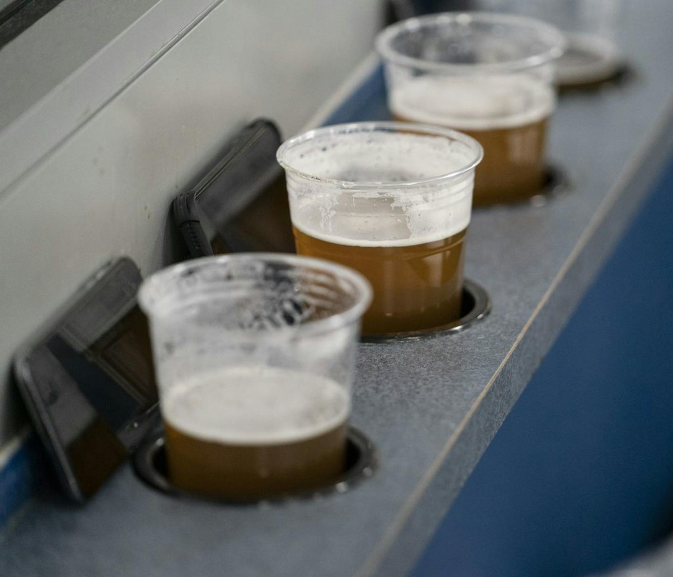 Beers lined up at the wall at the Four Seasons Curling Club in Blaine, Minn., Wednesday, January 29, 2020.
