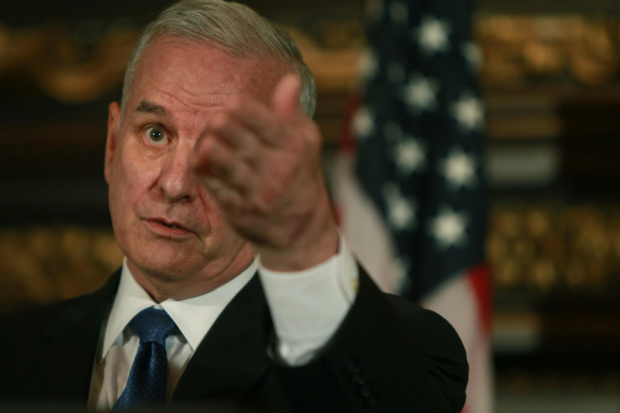 Minnesota Governor Mark Dayton answered questions by local press after a ceremonial bill signing of this year�s synthetic drug bill at the Capitol in St. Paul, MN, Thursday, August 26, 2012. (ELIZABETH FLORES/STAR TRIBUNE) ELIZABETH FLORES � eflores@startribune.com