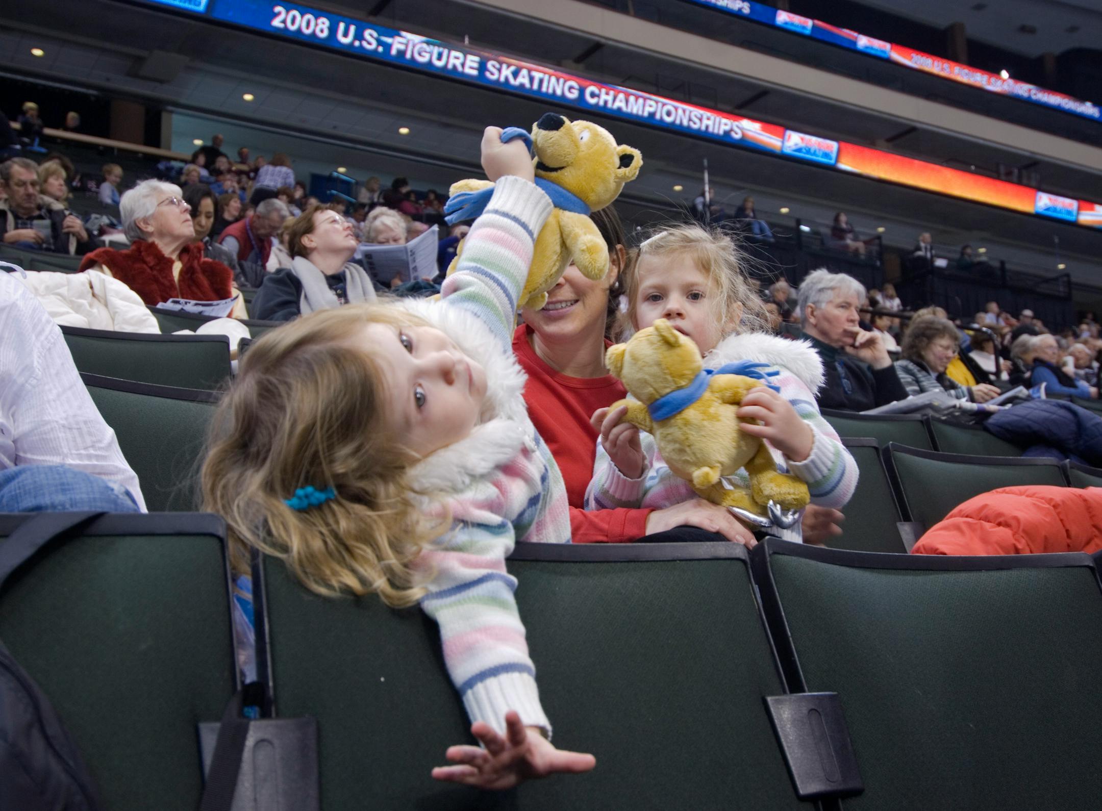 Kendall Schreifels did some imaginary gliding while watching the U.S. Figure Skating Championships in St. Paul on Thursday with her mom, Ketrah Schreifels, and sister Karley.