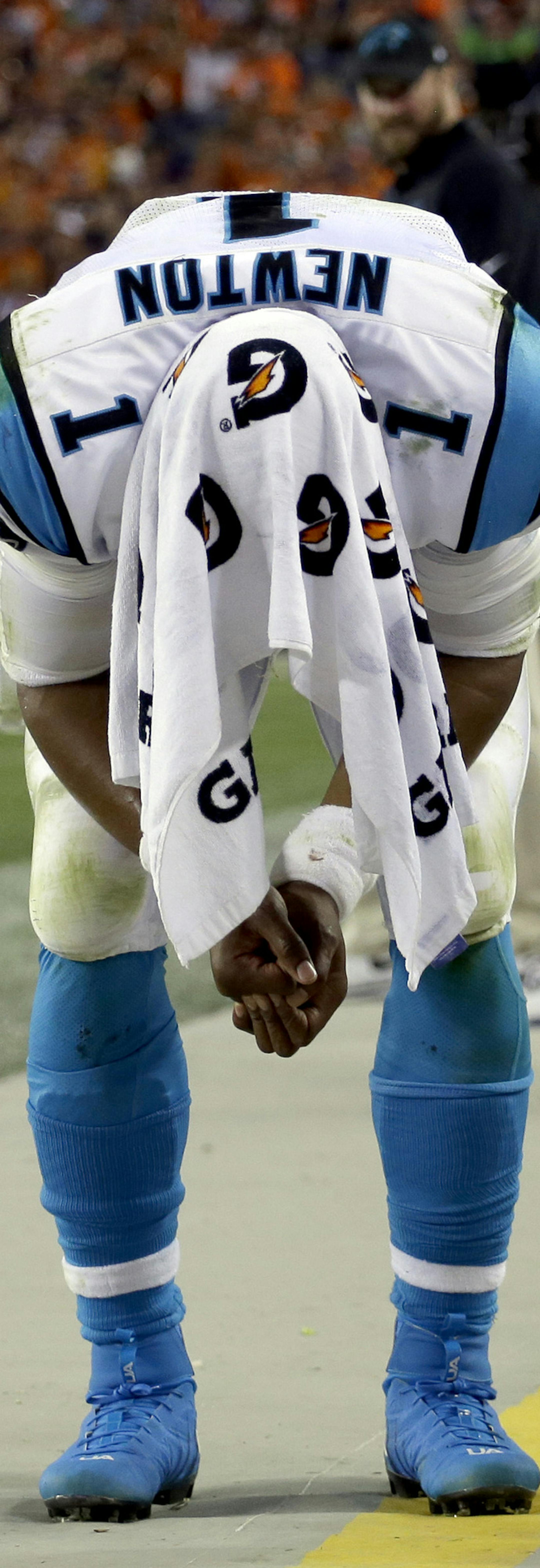 Carolina Panthers quarterback Cam Newton (1) stands on the sidelines after a sack during the second half of an NFL football game against the Denver Broncos, Thursday, Sept. 8, 2016, in Denver. The Broncos won 21-20. (AP Photo/Joe Mahoney)