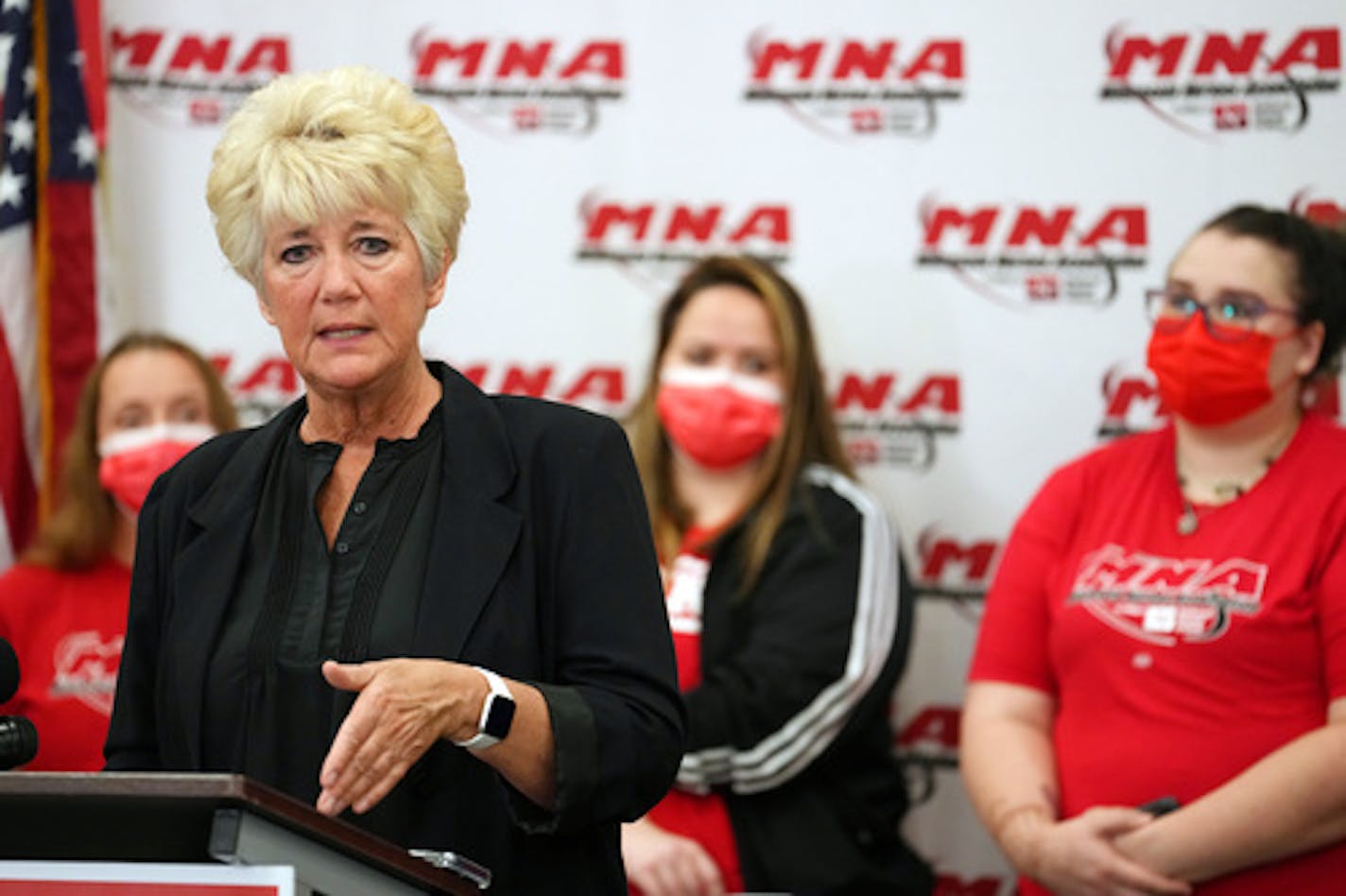 Mary Turner, president of the Minnesota Nurses Association, speaks during a press conference to announce next steps in the MNA's contract negotiations and possible strike that could involve up 15,000 nurses in the Twin Cities and Duluth Thursday, Sept. 1, 2022 in St. Paul, Minn. ] ANTHONY SOUFFLE • anthony.souffle@startribune.com