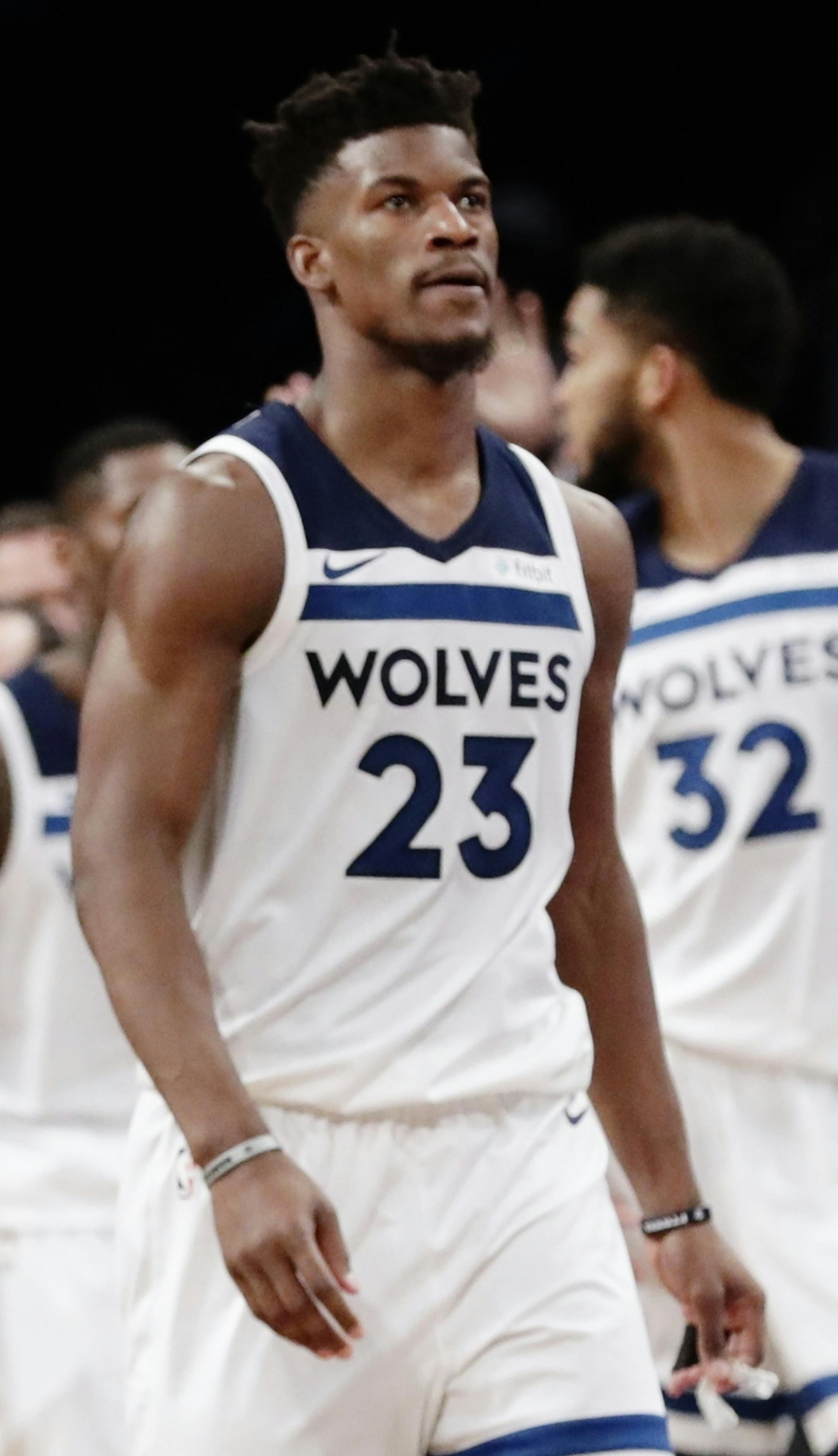 Minnesota Timberwolves' Jimmy Butler (23) leaves the court after an NBA basketball game against the Brooklyn Nets, Wednesday, Jan. 3, 2018, in New York. The Nets won 98-97. (AP Photo/Frank Franklin II)