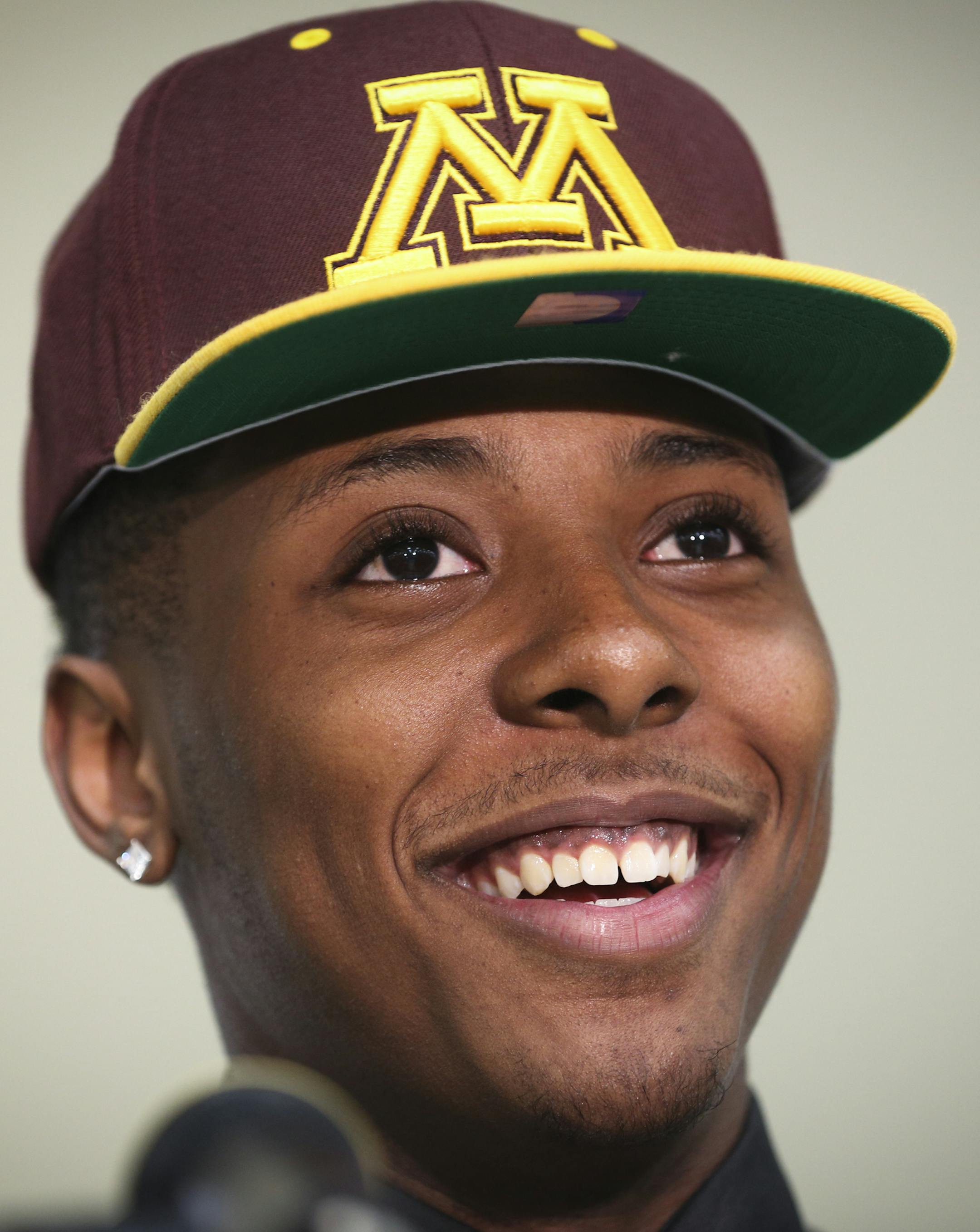 Jarvis Johnson, DeLaSalle basketball star, announced his college choice of the University of Minnesota at DeLaSalle High School on Friday, Sept. 12, 2014, in Minneapolis, Minn. RENEE JONES SCHNEIDER • reneejones@startribune.com