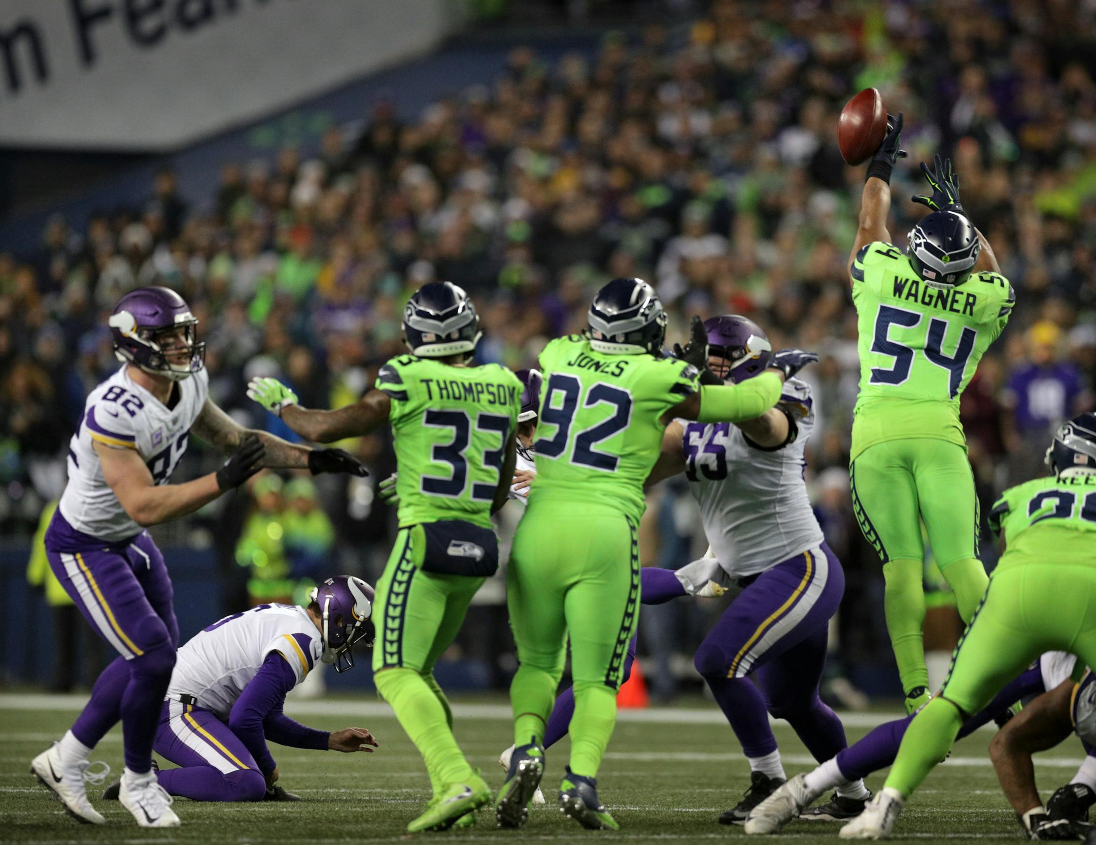 Seattle's Bobby Wagner blocked a fourth quarter field goal attempt by the Vikings.