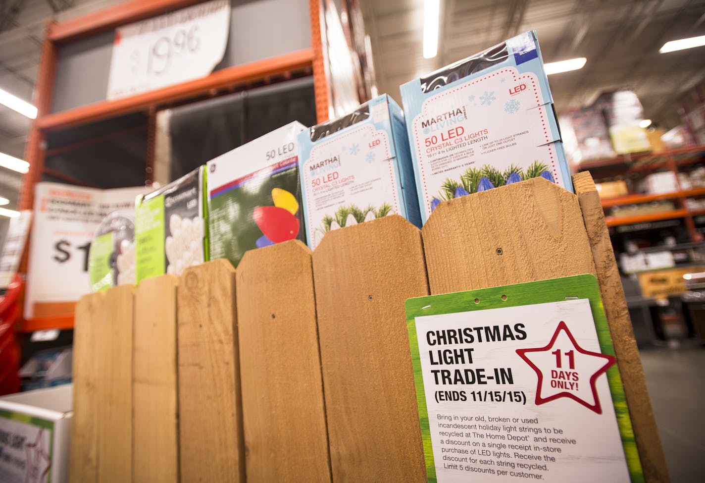 A Christmas light trade-in promotion sign was stapled to a display filled with new LED lights for sale at Home Depot. ] (AARON LAVINSKY/STAR TRIBUNE) aaron.lavinsky@startribune.com Nice weather may make this the weekend to bring out the holiday lights and test which strands have burnt out or become unbearably tangled. Rather than tossing them in the trash, Home Depot and some other retailers and facilities will recycle discarded strands of incandescents and offer discounts on LED models. We phot