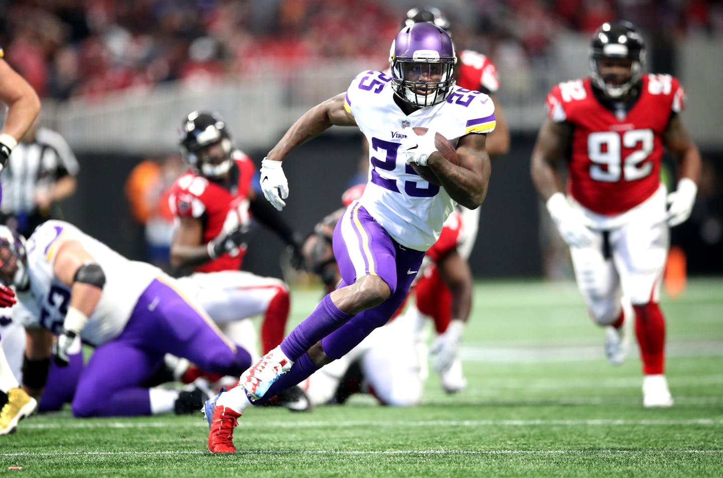 Minnesota Vikings running back Latavius Murray took the ball down to the Falcons 2-yard line in the second quarter at Mercedes-Benz Stadium on Sunday