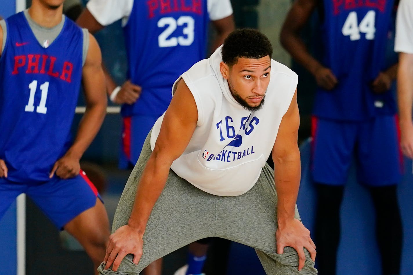 Philadelphia 76ers' Ben Simmons takes part in a practice at the NBA basketball team's facility, Monday, Oct. 18, 2021, in Camden, N.J. (AP Photo/Matt Rourke)