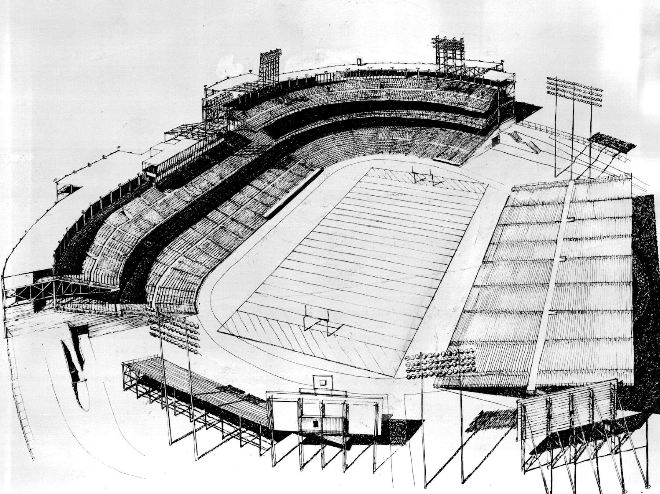August 23, 1961 This is the way Metropolitan stadium will look for professional football, at least for- the Minnesota Vikings Oct. 8 league game here with Dallas. The portable stands shown in the baseball outfield will be moved in from their present baseball position. As yet no company has been willing to guarantee the moving of the bleachers for the Sept. 17 game here the Chicago Bears. April 10, 1961 August 22, 1961