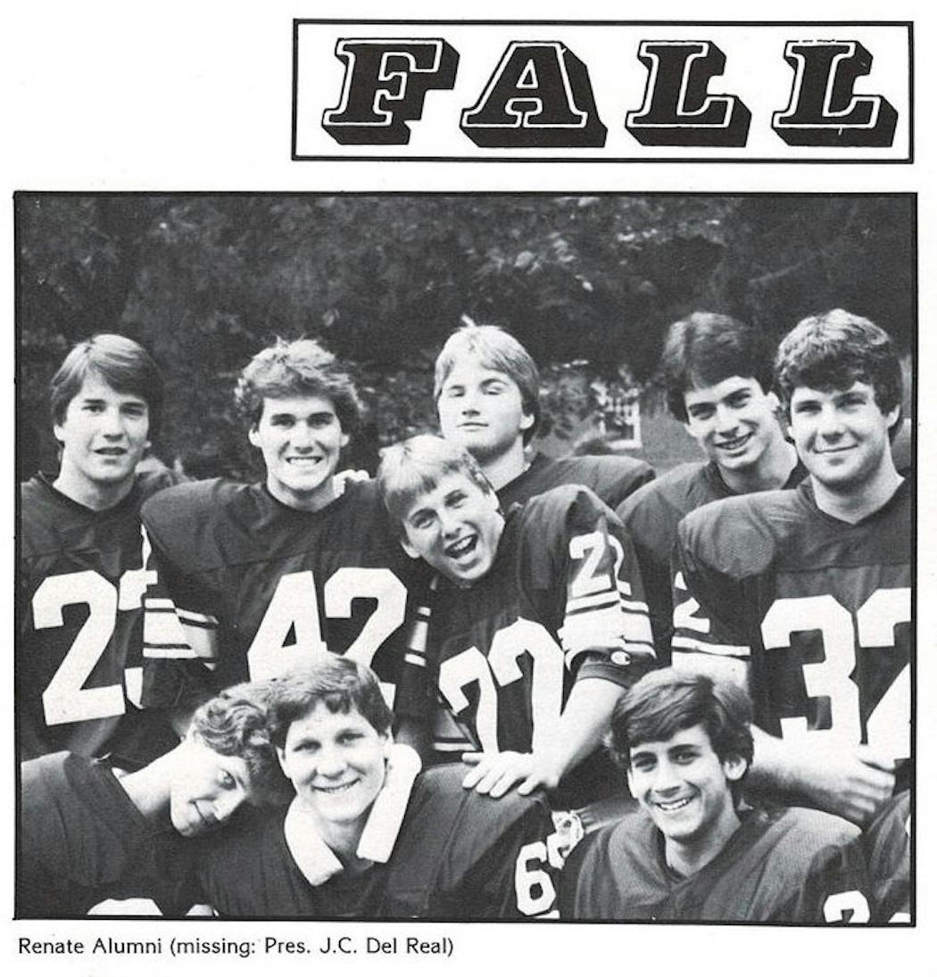 Judge Kavanaugh, far left, and eight football teammates in a yearbook photo. 