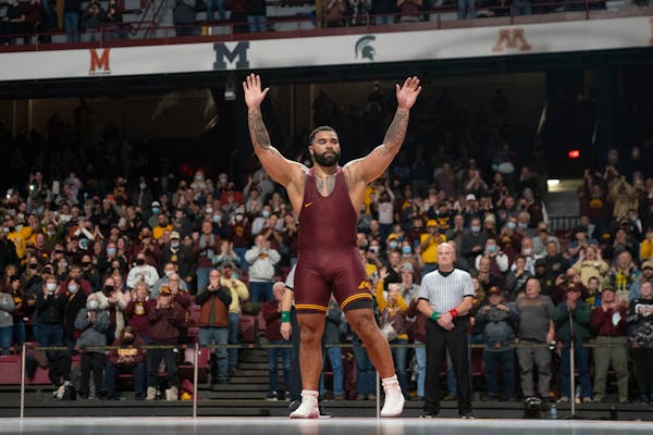 Gable Steveson saluted the Maturi Pavilion crowd after his match on Feb. 11, 2022, against Ohio State.