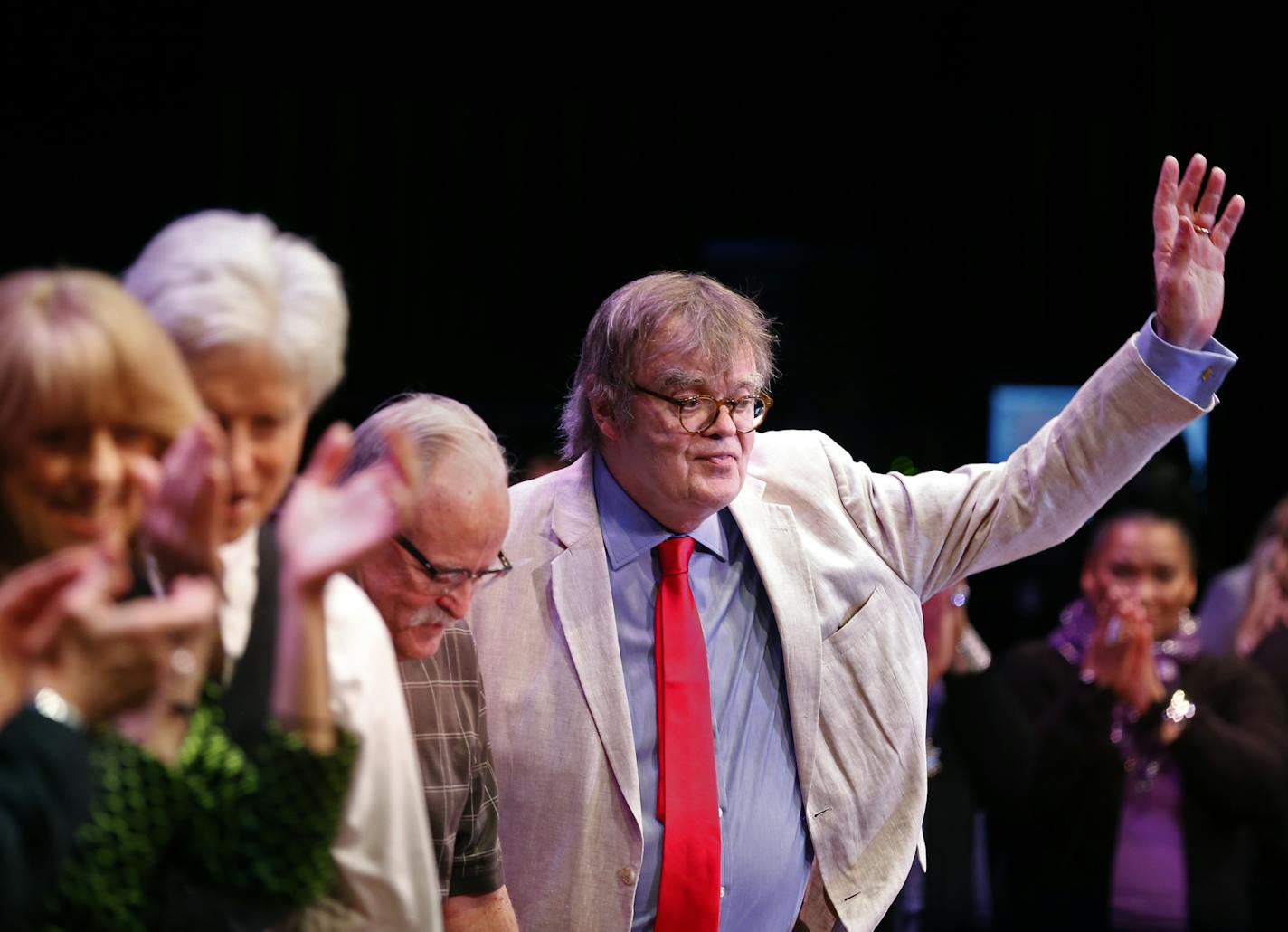 Garrison Keillor waves to the audience after the show. ] (Leila Navidi/Star Tribune) leila.navidi@startribune.com BACKGROUND INFORMATION: The live broadcast for "A Prairie Home Companion" at the State Theatre in Minneapolis on Saturday, May 21, 2016. This is Garrison Keillor's last season on "A Prairie Home Companion."