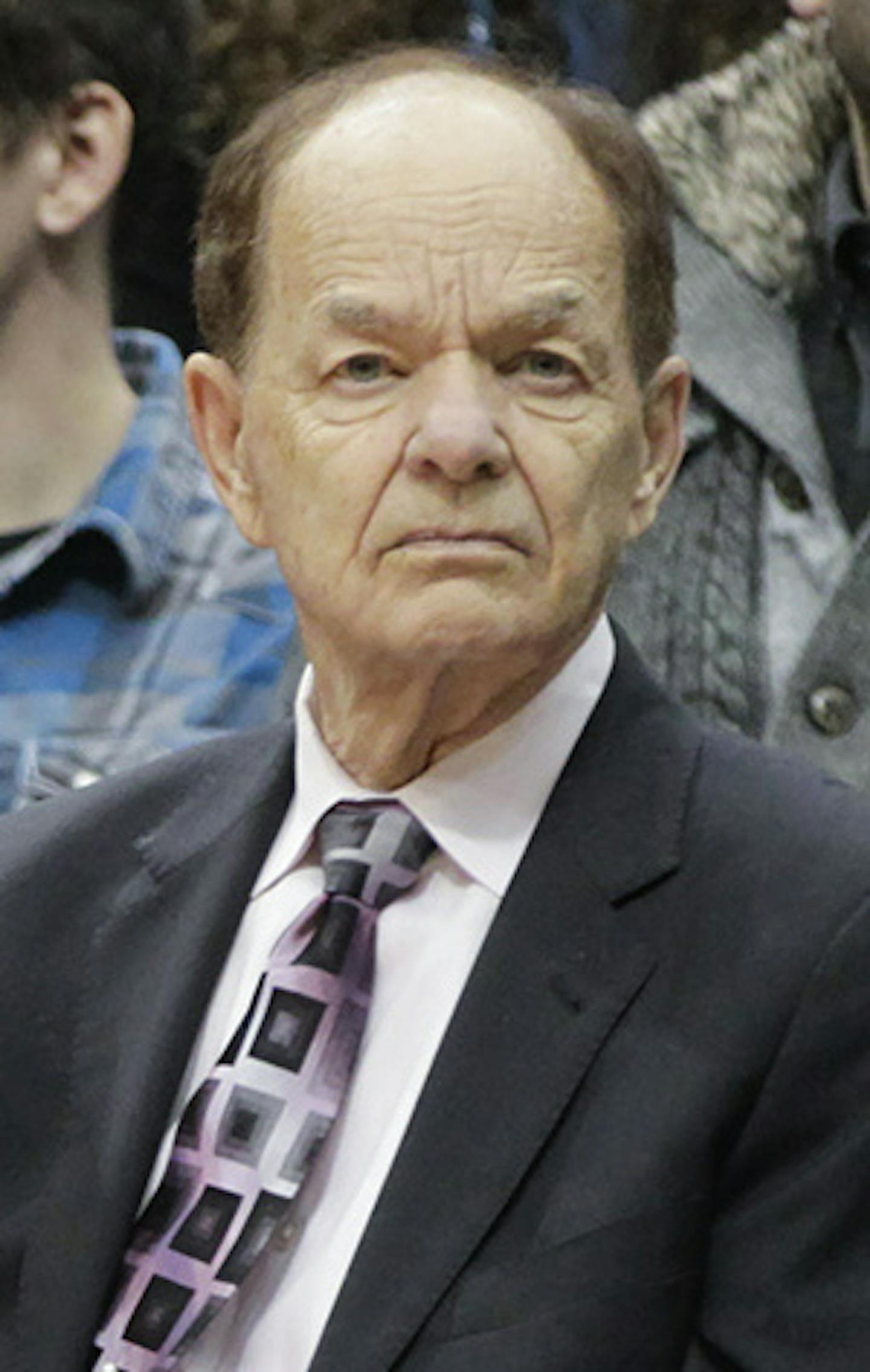 Minnesota Timberwolves owner Glenn Taylor, right watches the team's NBA basketball game against the Memphis Grizzlies with his wife, Becky, during the first half Saturday, Jan. 23, 2016, in Minneapolis. AP Photo/Paul Battaglia)