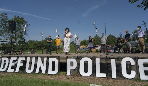 Alondra Cano, City Council 9th ward member, speaks to community members at "The Path Forward" meeting at Powderhorn Park, a meeting between the Minneapolis City Council and community members on Sunday, June 7, 2020 in Minneapolis, Minn. (Jerry Holt/Minneapolis Star Tribune/TNS) ORG XMIT: 1684303