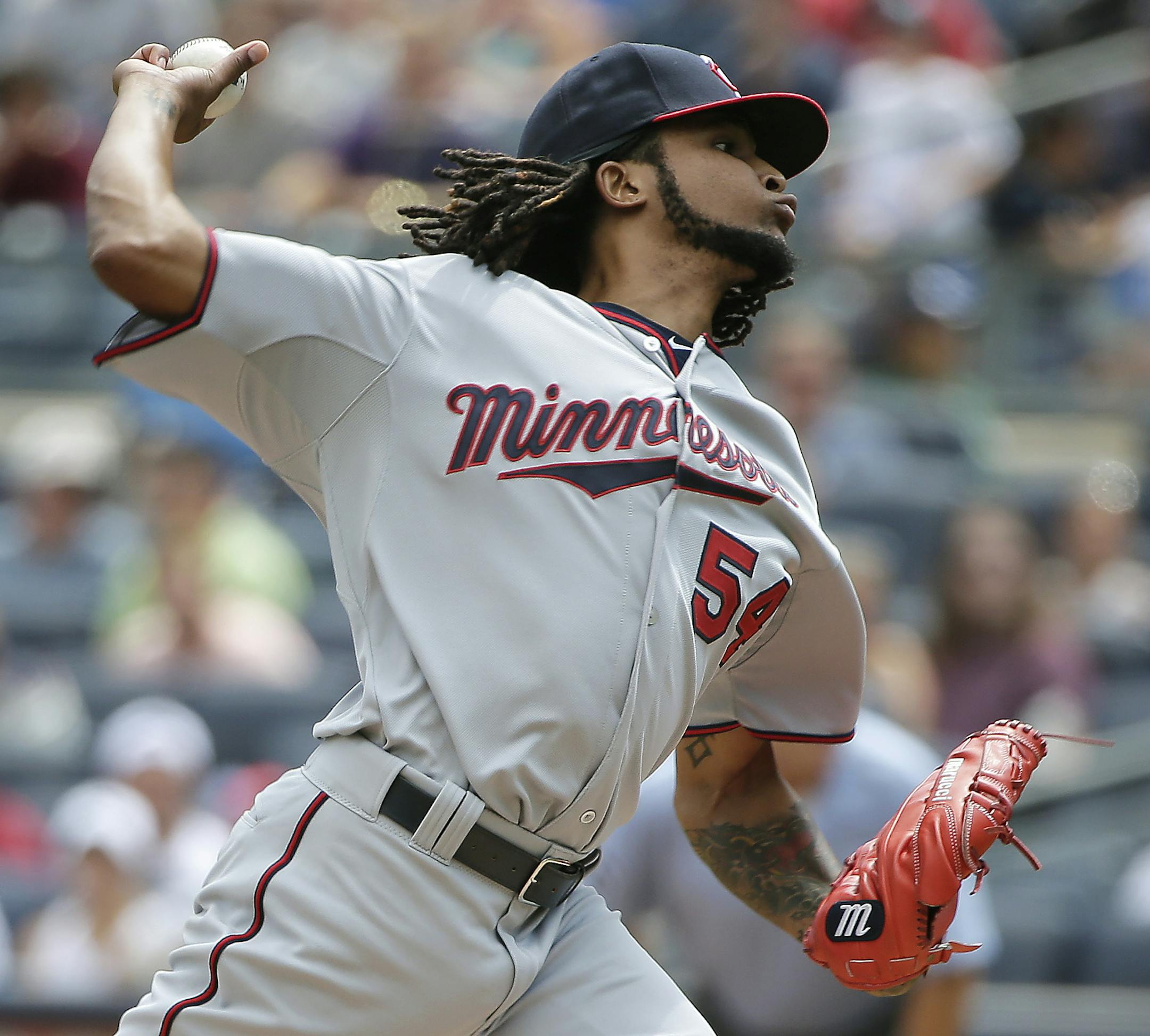 Minnesota Twins pitcher Ervin Santana delivers against the New York Yankees during the first inning of a baseball game, Wednesday, Aug. 19, 2015, in New York. (AP Photo/Julie Jacobson)
