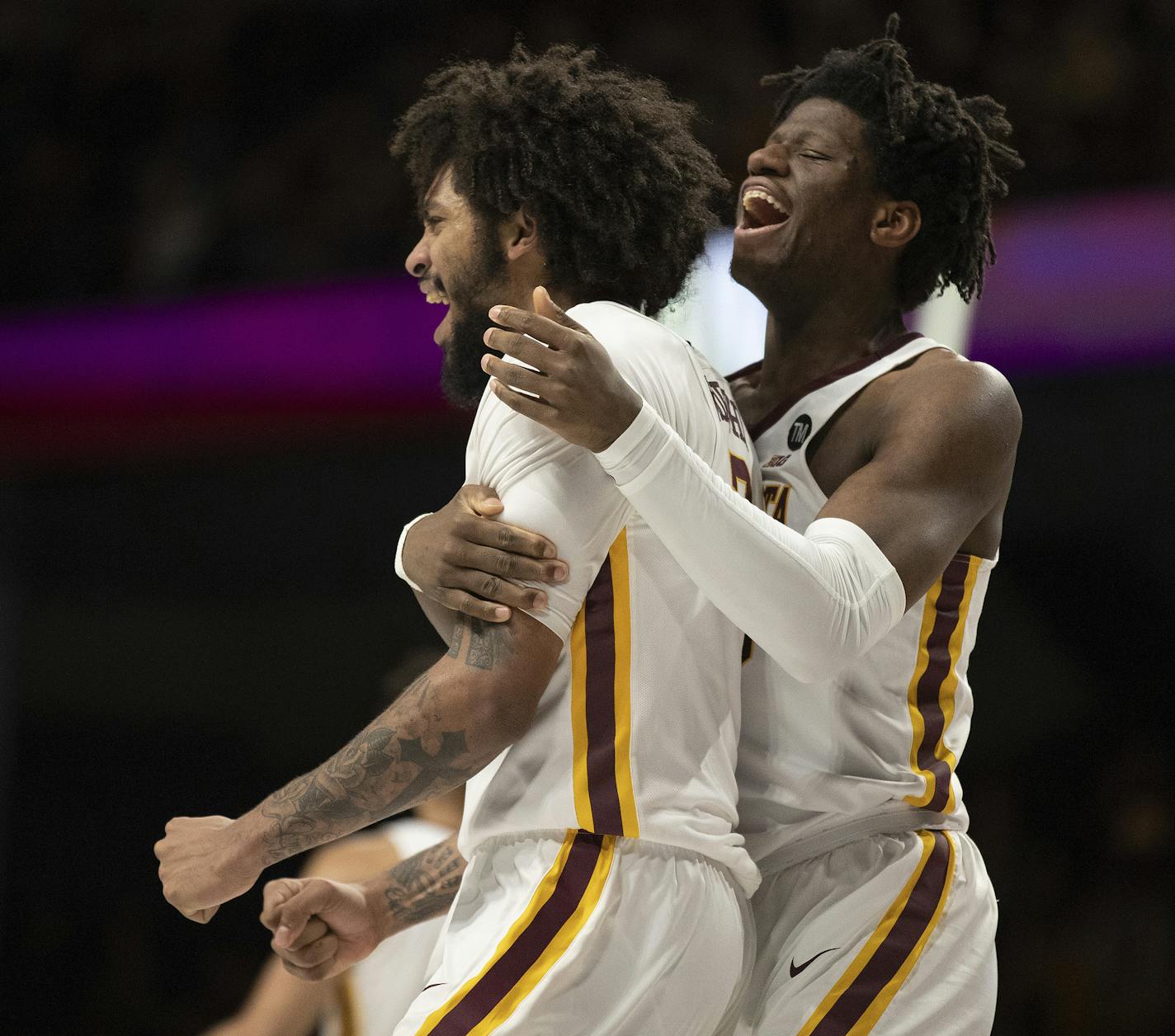 Minnesota Golden Gophers forward Jordan Murphy (3) left, and center Daniel Oturu (25) celebrated after Murphy scored Tuesday March 5, 2019 at Williams Arena in Minneapolis, MN.] Minnesota hosted Purdue Jerry Holt &#x2022; Jerry.holt@startribune.com