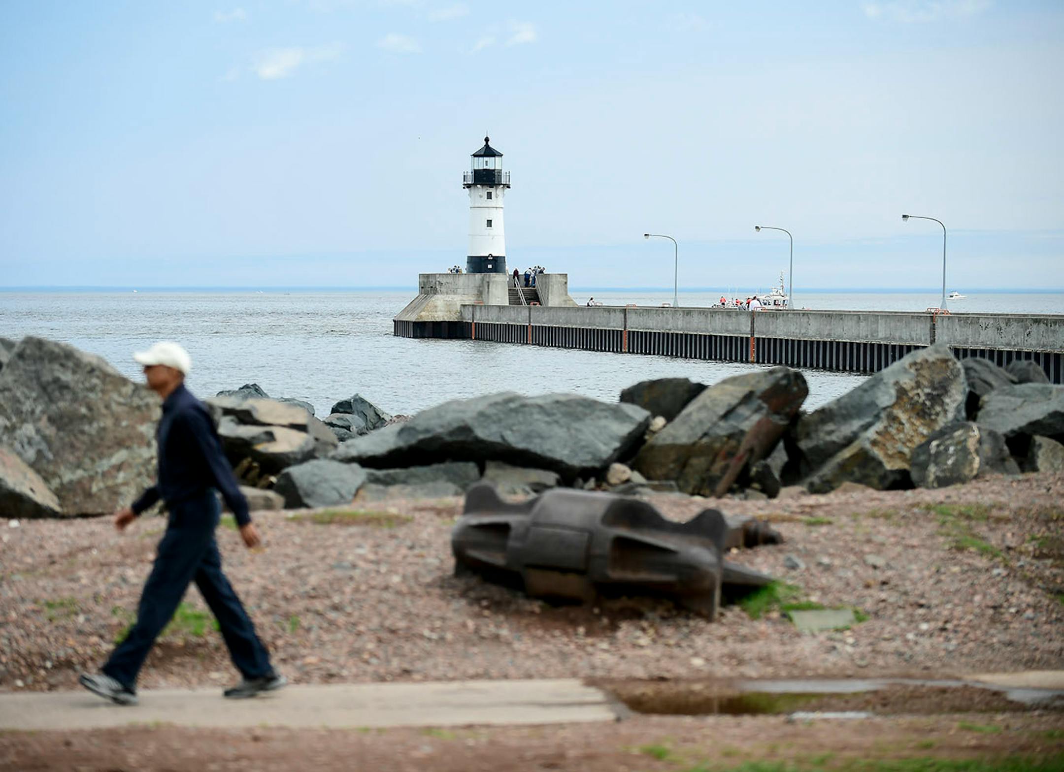 The scene along The Lakewalk in Canal Park Wednesday with the Duluth North Pier Lighthouse in the distance.
