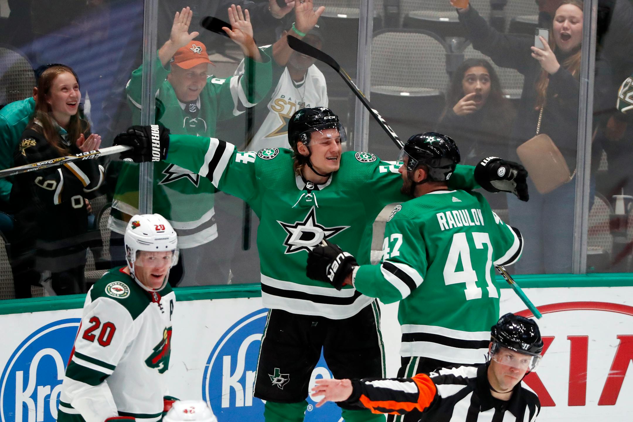 Dallas Stars left wing Roope Hintz and Alexander Radulov celebrate a goal scored by Hintz as the Wild's Ryan Suter looks away in the third period. Dallas scored five times in the third.