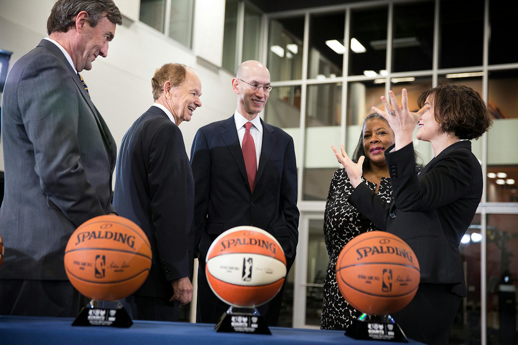 Mayo Clinic President and CEO Dr. John Noseworthy, from left, Timberwolves and Lynx owner, Glen Taylor, NBA Commissioner Adam Silver, WNBA President Laurel Richie and Minneapolis Mayor Betsy Hodges talk during a grand opening event at the Timberwolves and Lynx Courts at Mayo Clinic Square in downtown Minneapolis on Wednesday, June 17, 2015.