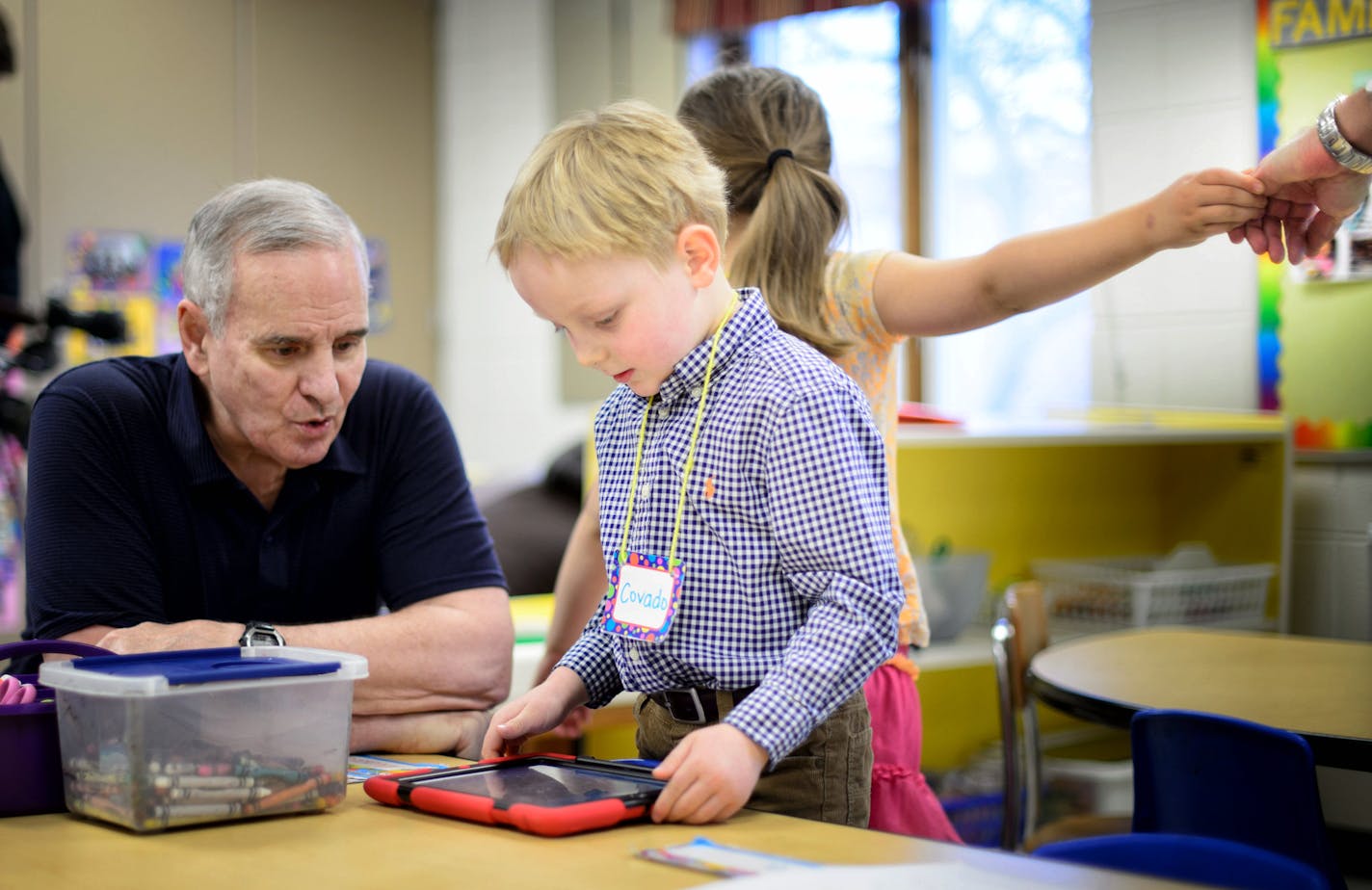 Governor Mark Dayton during an elementary school visit in 2015. The DFL governor, who has made expanded early learning a central priority, is asking the Legislature to make a one-time $50 million spending injection permanent on a yearly basis. GLEN STUBBE * gstubbe@startribune.com