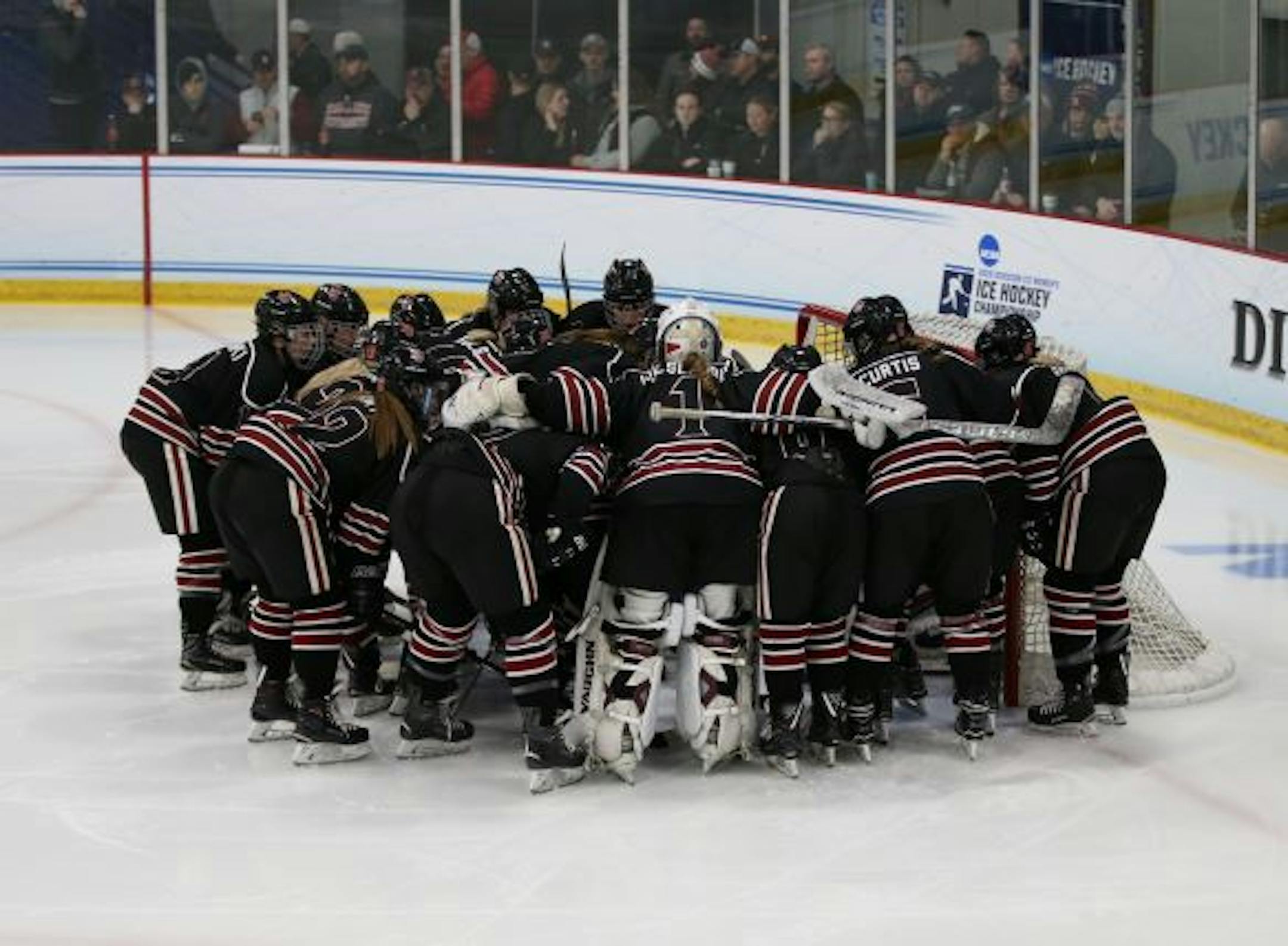 Hamlnie players gathered before the NCAA Division III women's hockey championship game aganist Plattsburgh State on March 16, 2019, at St. Thomas Ice Arena in Mendota Heights. Plattsburgh State won 4-0.