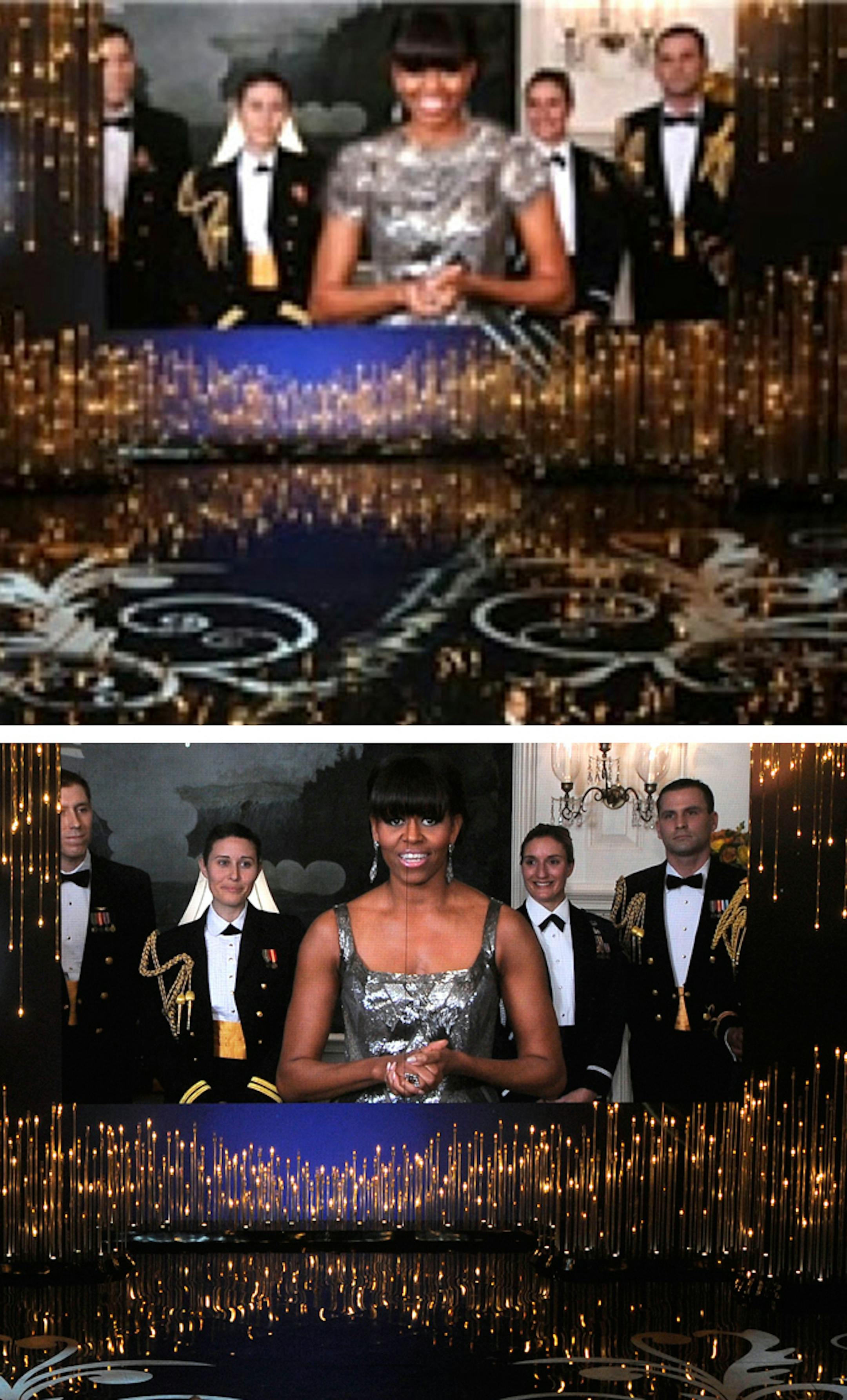 FILE - In this combination of photos made on Sunday, Feb. 24, 2013, first lady Michelle Obama, appearing via video link, and actor Jack Nicholson present the award for best picture during the Oscars ceremony at the Dolby Theatre in Los Angeles. As seen in the bottom photo, the first lady wore a sleeveless, scoop neck gown for the occasion. The photo on top is an altered version that Iran's semi-official Fars news agency ran on their website, with her shoulders and neckline covered with added mat