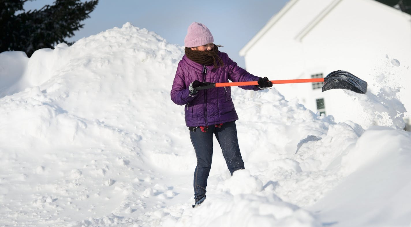 Hanh Tran is surrounded by snow drifts as she cleans up Apple Valley driveway Wednesday. The storm delivered more than a foot of snow to some areas of Minnesota.