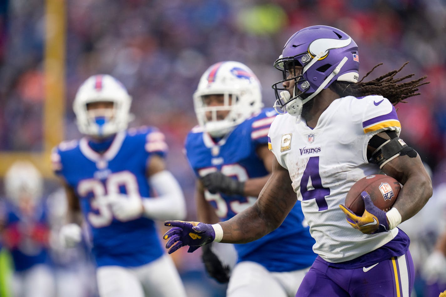 Minnesota Vikings running back Dalvin Cook (4) scored on a 81 yard run in the third quarter  in Orchard Park.,N.Y.Sunday November 13, 2022.