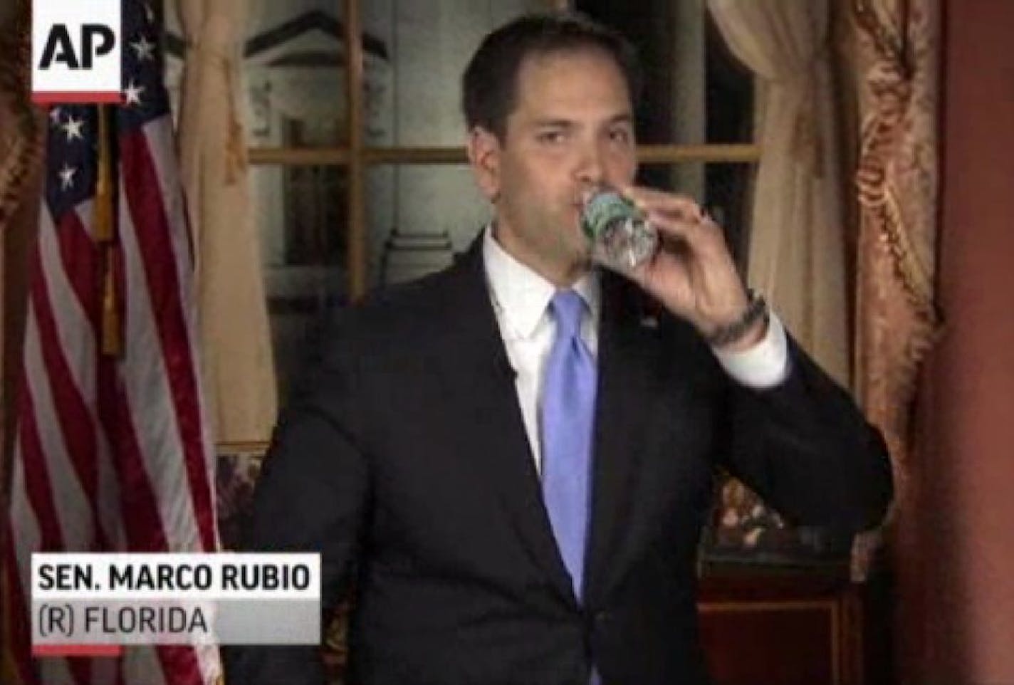 In this frame grab from video, Florida Sen. Marco Rubio takes a sip of water during his Republican response to President Barack Obama's State of the Union address, Tuesday, Feb. 12, 2013, in Washington.