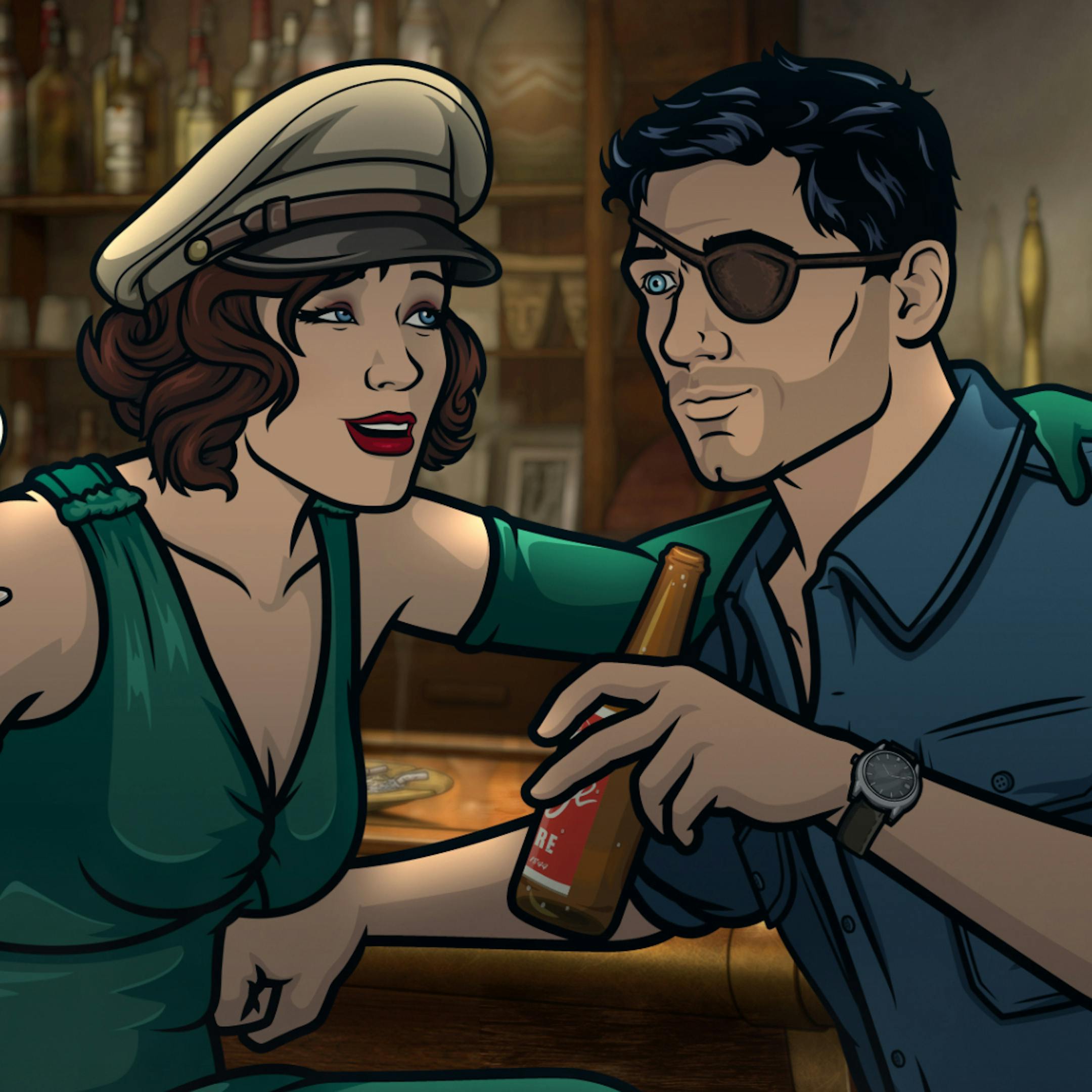ARCHER -- "Season 9, Episode 1 -- Pictured (l-r): Charlotte Vandertunt (voice of Judy Greer), Sterling Archer (voice of H. Jon Benjamin). CR: FXX