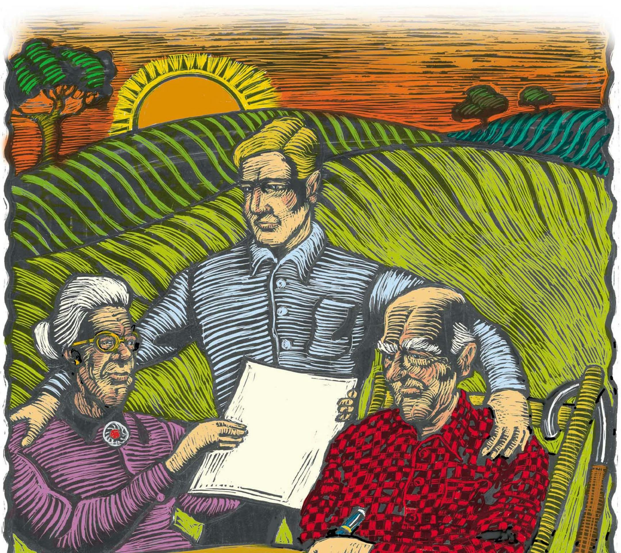300 dpi 3 col x 6.25 in / 146x159 mm / 497x540 pixels Randy Bishop color illustration of man with protective arms around his aging parents who are dealing with legal documents at table. The Dallas Morning News 2001 With PARENTS, The Dallas Morning News by Pamela Yip