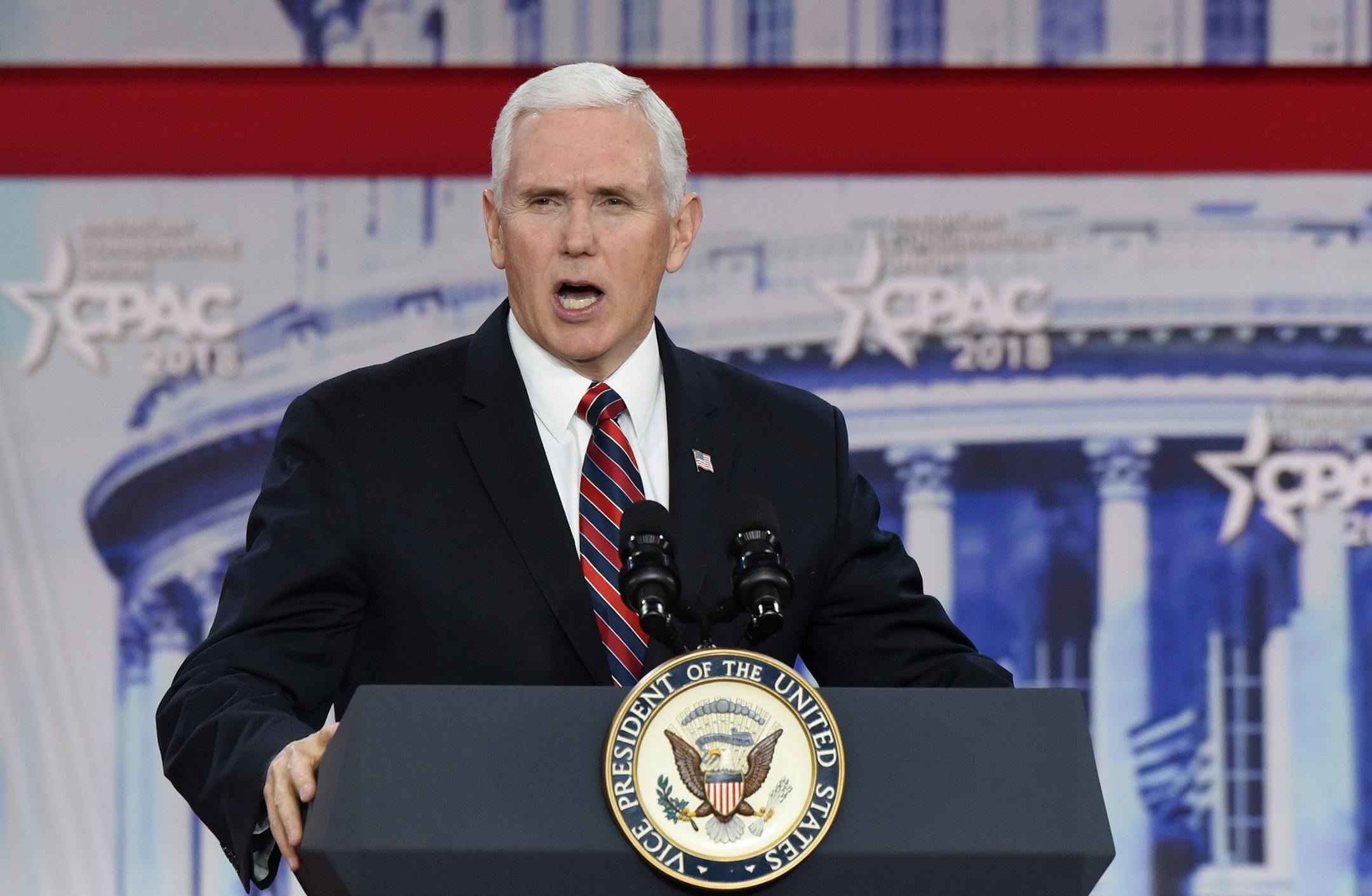 Vice President Mike Pence speaks during the Conservative Political Action Conference on Thursday, February 22, 2018 at the Gaylord National Resort and Convention Center in National Harbor, Md. Hosted by the American Conservative Union, CPAC is an annual gathering of right wing politicians, commentators and their supporters. (Olivier Douliery/Abaca Press/TNS) ORG XMIT: 1224281