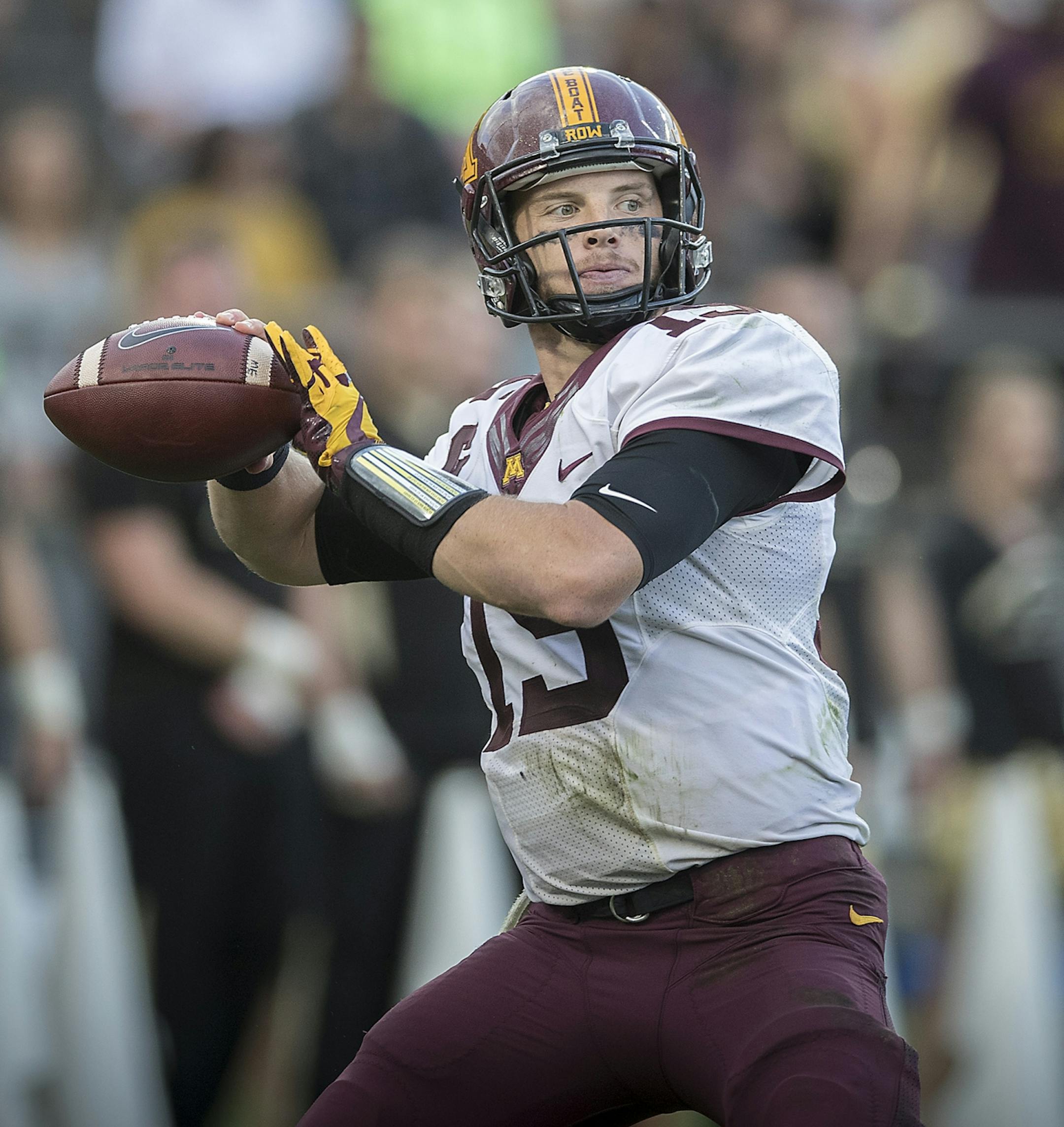 Minnesota's quarterback Conor Rhoda looked down field for wide receiver Tyler Johnson during the third quarter the Gophers took on Purdue at Ross-Ade Stadium, Saturday, October 7, 2017 in West Lafayette, IN.