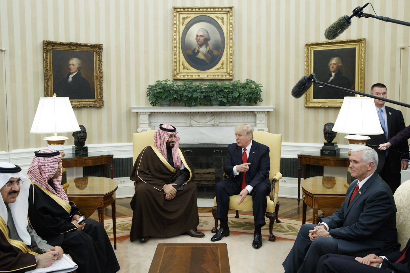 FILE - In this March 14, 2017, file photo, President Donald Trump meets with Saudi Crown Prince Mohammed bin Salman in the Oval Office of the White House. Six months into his presidency, Donald Trump has made clear who he considers to be his friends, and his foes, on the international stage. (AP Photo/Evan Vucci, File) ORG XMIT: BKCD304