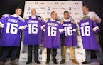 Newly announced U.S. Bank Stadium culinary partners stand for a photo op with their personalized Viking jerseys. From left is Gavin Kaysen, chef and o