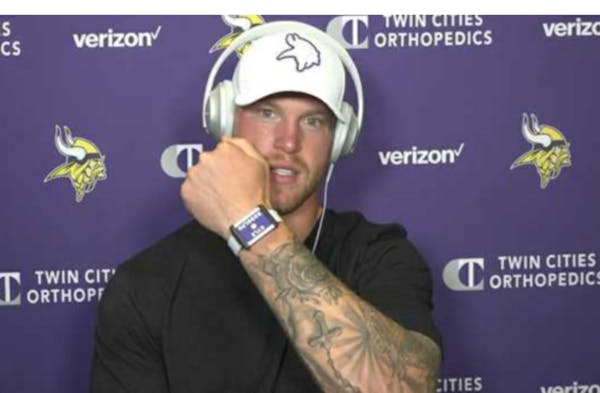 Tight end Kyle Rudolph wore a SafeTag sensor during Vikings training camp.
