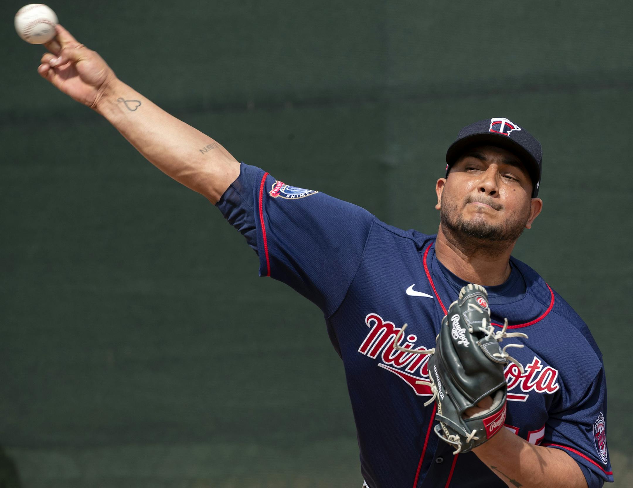 Minnesota Twins pitcher Jhoulys Chacin (45) threw in the bullpen. ] CARLOS GONZALEZ • cgonzalez@startribune.com – Fort Myers, FL – February 16, 2020, CenturyLink Sports Complex, Hammond Stadium, Minnesota Twins, Spring Training