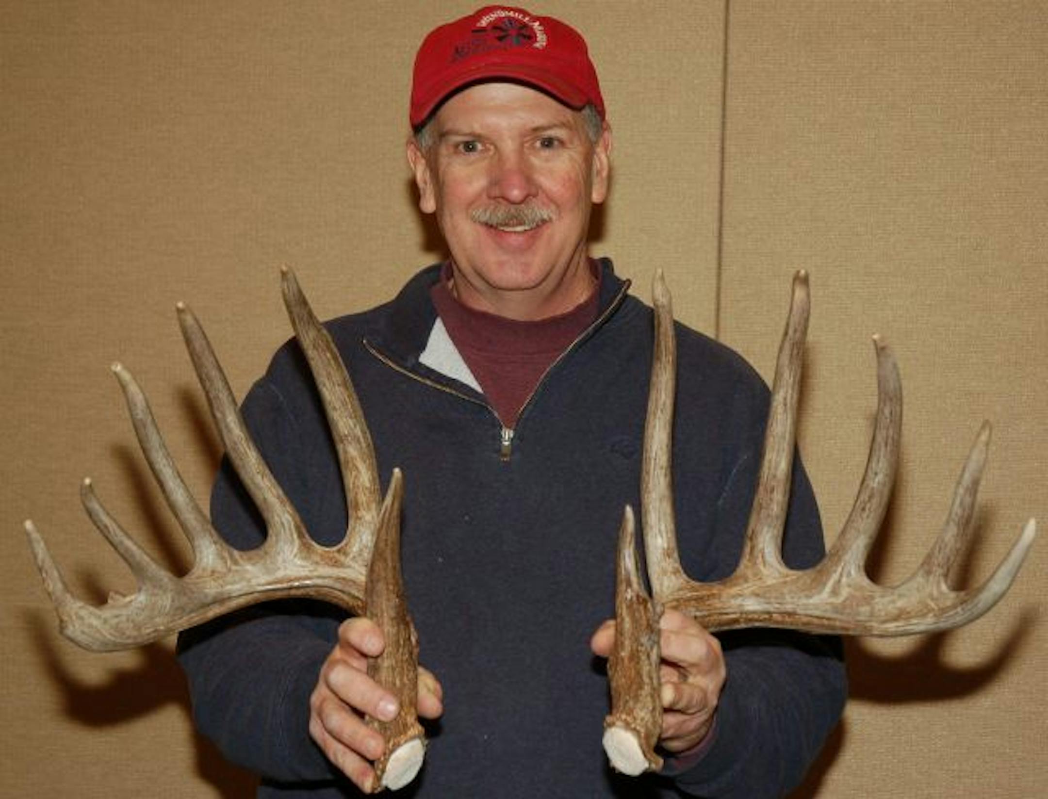 Trophy sheds: Jay Miller of Excelsior showed off huge 12-point shed deer antlers he found this month .