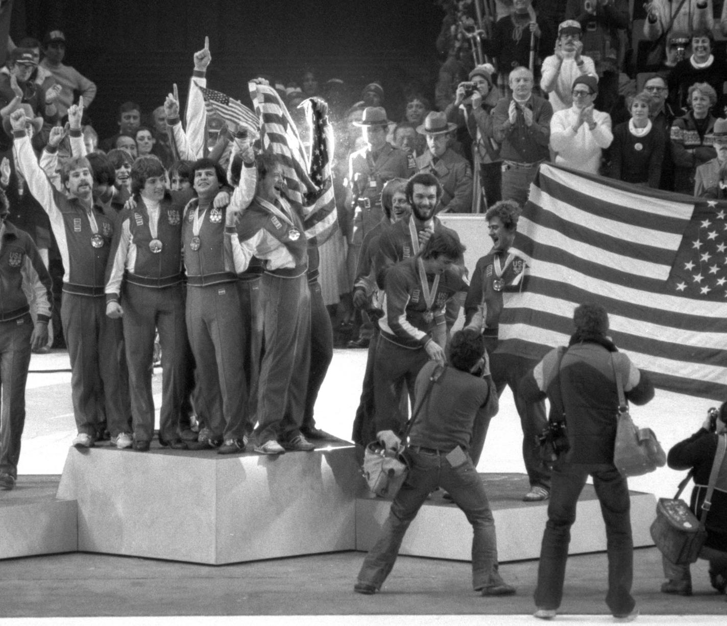 Lake Placid, New York, February 1980 - Miracle on Ice - the USA hockey team defats the soviets on the way to a gold medal victory over Finland. -- Gold medal presentation ceremony.